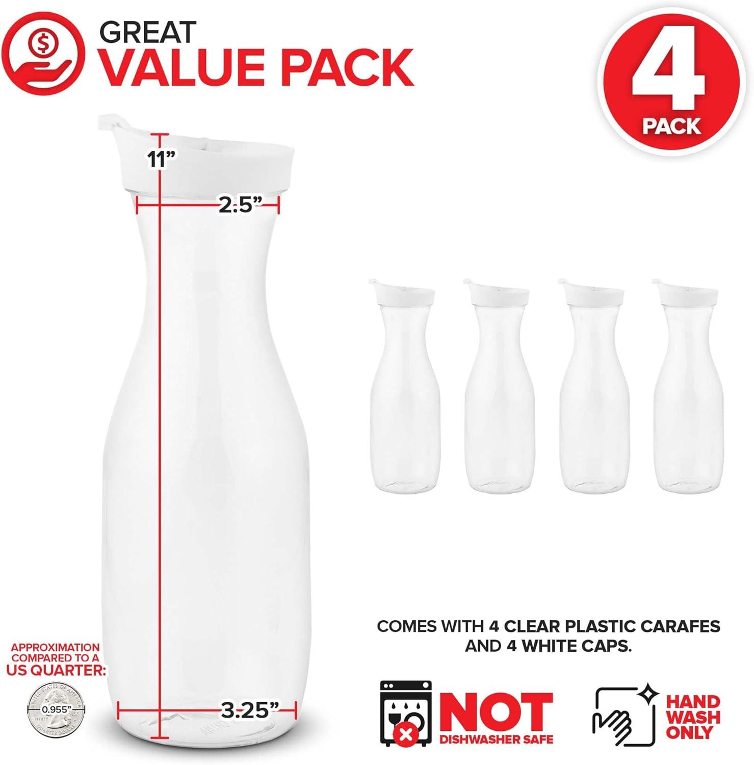 imagePlastic Juice Carafe with Lids Set of 4 32 oz Carafes for Mimosa Bar Drink Pitcher with Lid Water Bottle Milk Container Clear Beverage Containers for Fridge Pantry Storage Round Pitchers4
