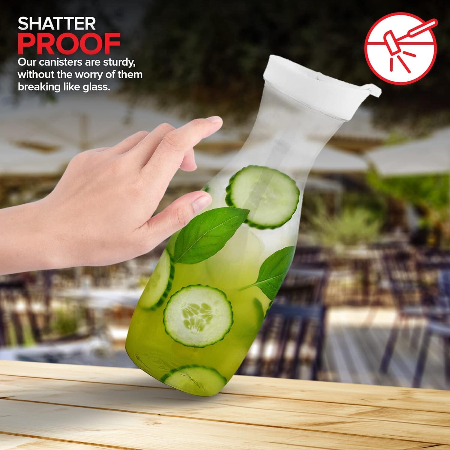 imagePlastic Juice Carafe with Lids Set of 4 32 oz Carafes for Mimosa Bar Drink Pitcher with Lid Water Bottle Milk Container Clear Beverage Containers for Fridge Pantry Storage Round Pitchers2