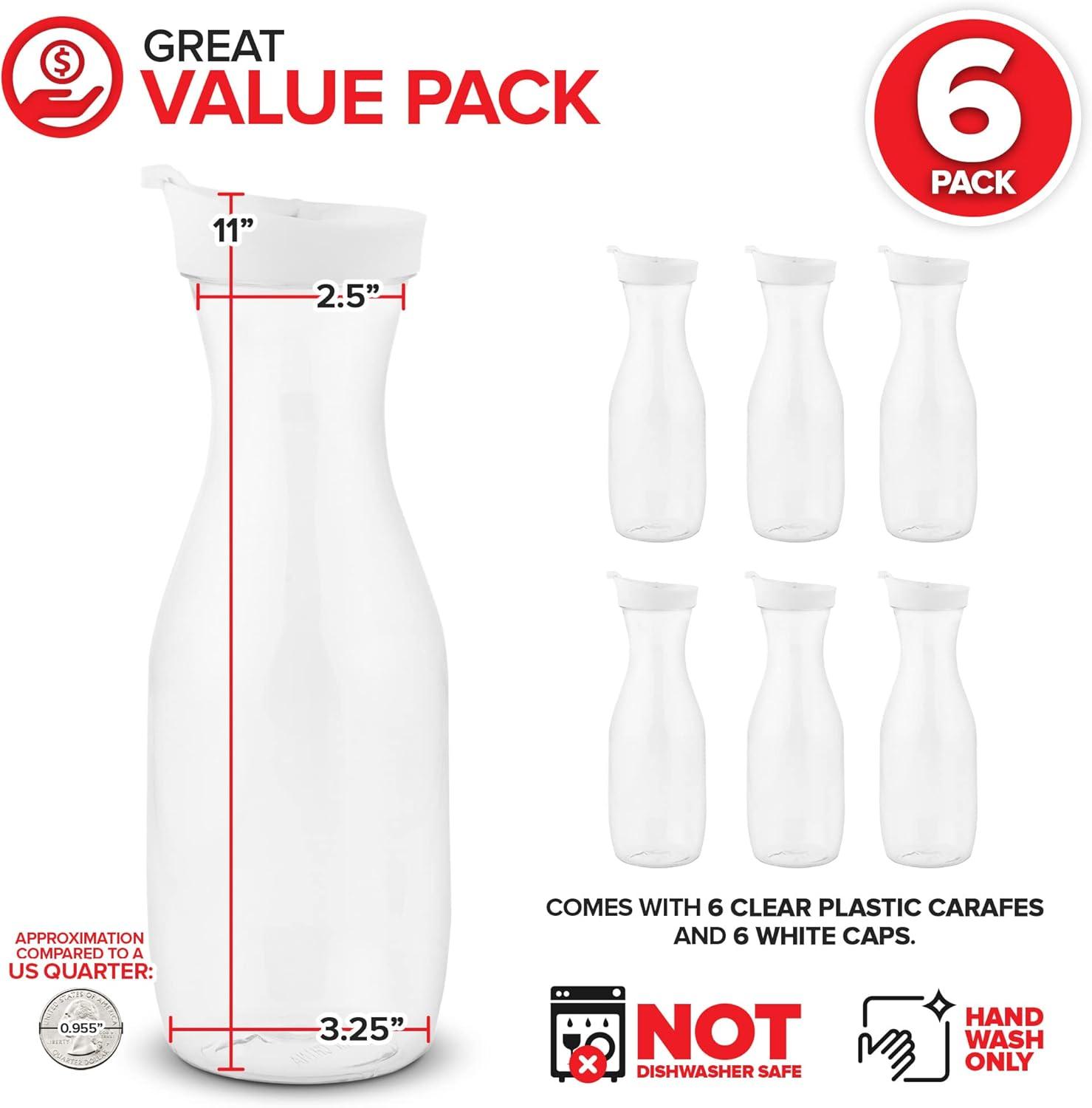 imagePlastic Juice Carafe with Lids Set of 4 32 oz Carafes for Mimosa Bar Drink Pitcher with Lid Water Bottle Milk Container Clear Beverage Containers for Fridge Pantry Storage Round Pitchers6