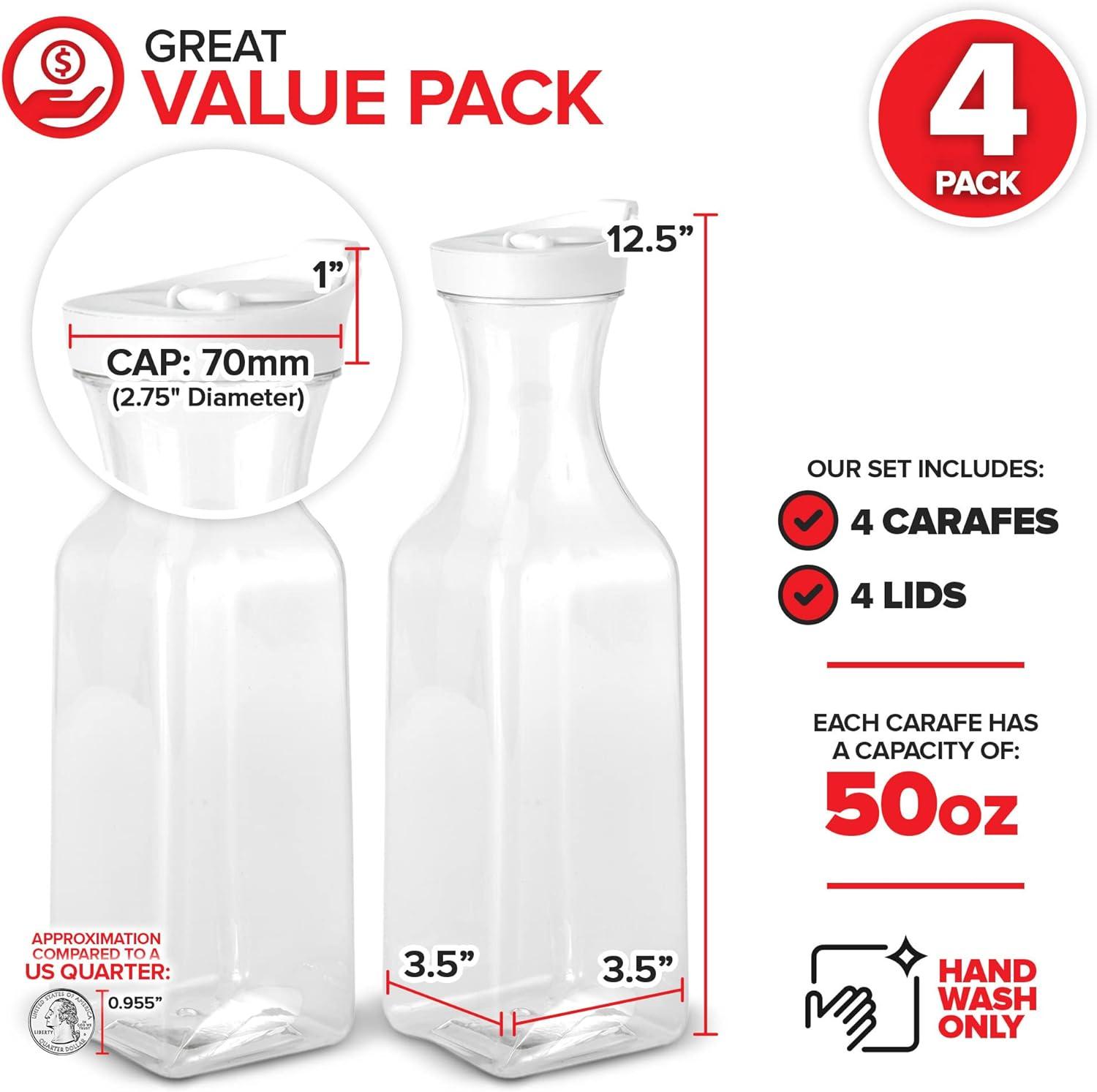 imagePlastic Juice Carafe with Lids Set of 6 50 oz Carafes for Mimosa Bar Drink Pitcher with Lid Water Bottle Milk Container Clear Beverage Containers for Fridge Pantry Storage Square PitchersSet of 4