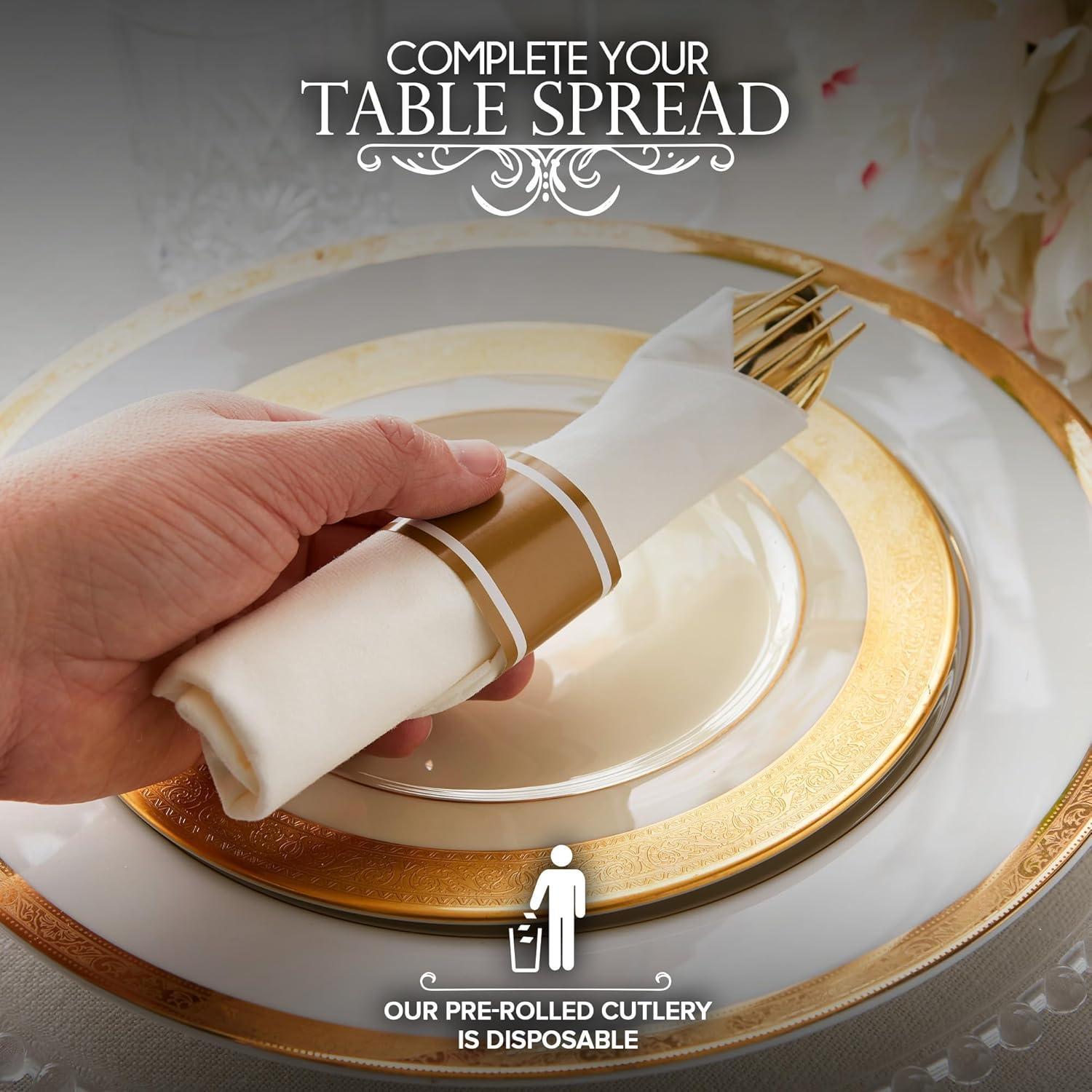 imagePre Rolled Plastic Silverware Sets for Parties 50 Pack Gold Cutlery Set Disposable Spoons Forks Knives Napkins Prewrapped Heavy Duty Utensils Individually Wrapped for Wedding ThanksgivingGold