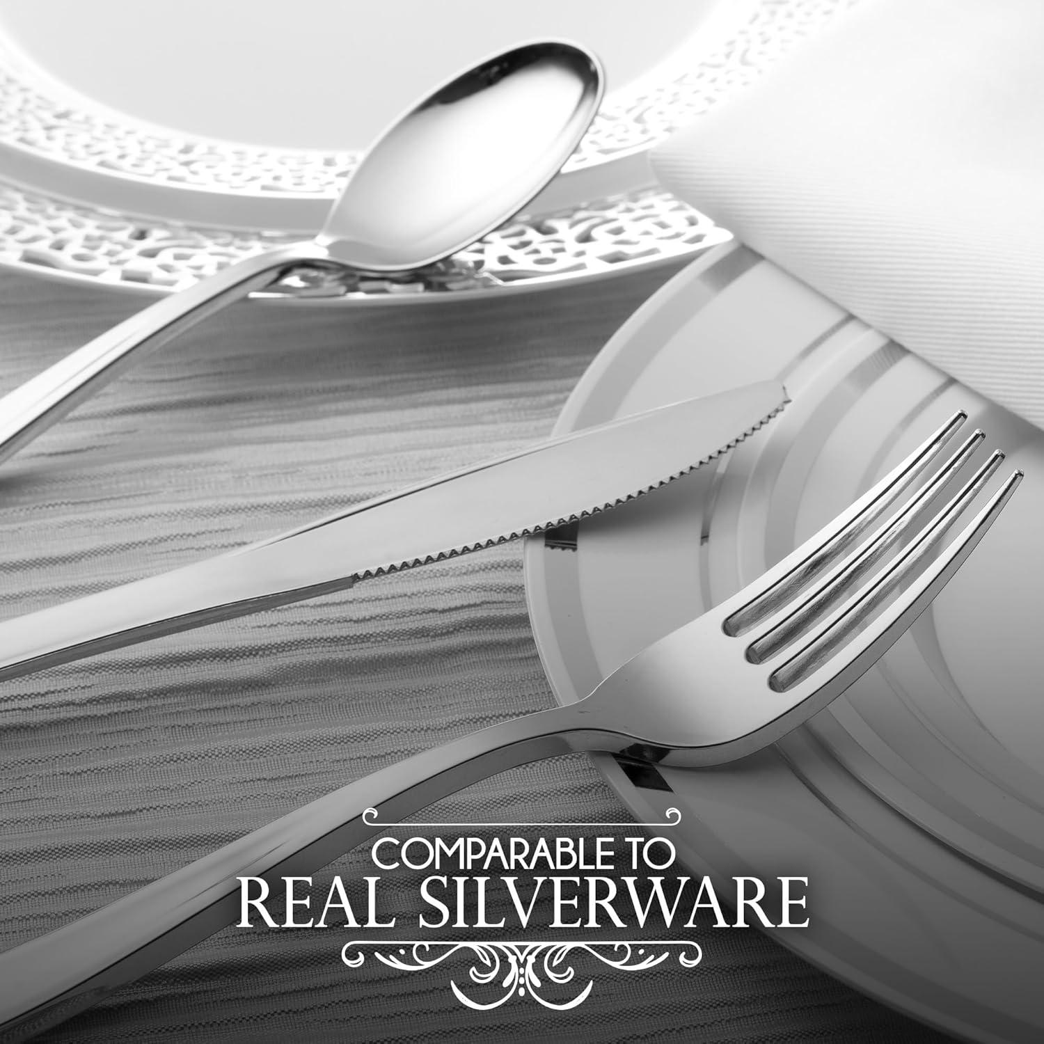 imagePre Rolled Plastic Silverware Sets for Parties 50 Pack Gold Cutlery Set Disposable Spoons Forks Knives Napkins Prewrapped Heavy Duty Utensils Individually Wrapped for Wedding ThanksgivingSilver