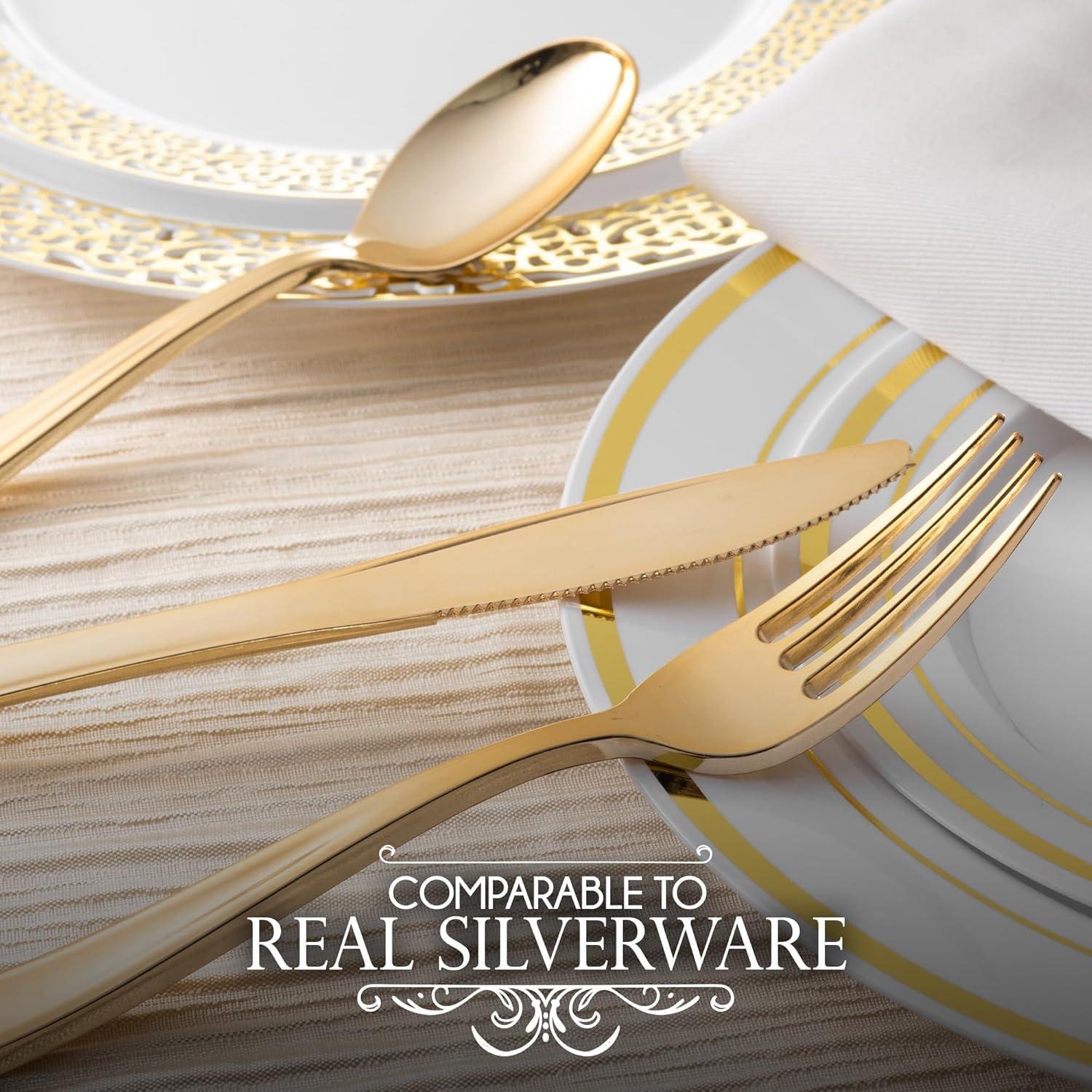 imagePre Rolled Plastic Silverware Sets for Parties 50 Pack Gold Cutlery Set Disposable Spoons Forks Knives Napkins Prewrapped Heavy Duty Utensils Individually Wrapped for Wedding ThanksgivingGold