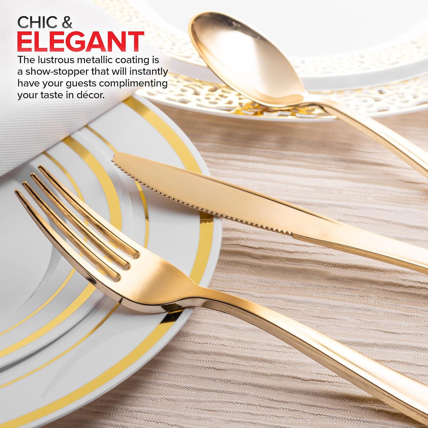imagePre Rolled Plastic Silverware Sets for Parties 50 Pack Gold Cutlery Set Disposable Spoons Forks Knives Napkins Prewrapped Heavy Duty Utensils Individually Wrapped for Wedding ThanksgivingGold