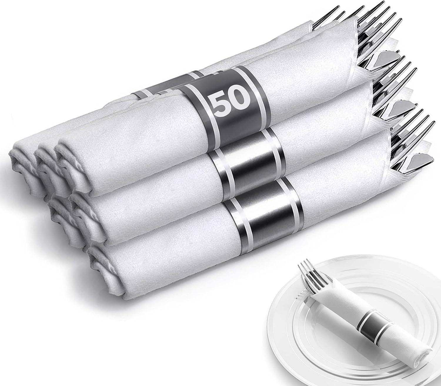 imagePre Rolled Plastic Silverware Sets for Parties 50 Pack Gold Cutlery Set Disposable Spoons Forks Knives Napkins Prewrapped Heavy Duty Utensils Individually Wrapped for Wedding ThanksgivingSilver