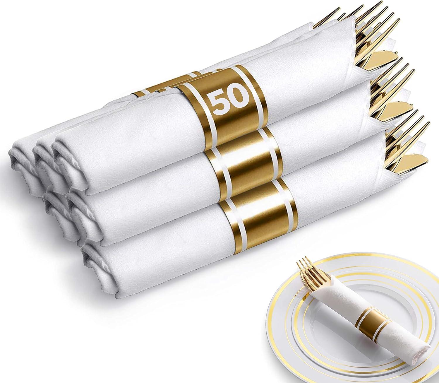 imagePre Rolled Plastic Silverware Sets for Parties 50 Pack Gold Cutlery Set Disposable Spoons Forks Knives Napkins Prewrapped Heavy Duty Utensils Individually Wrapped for Wedding ThanksgivingGold