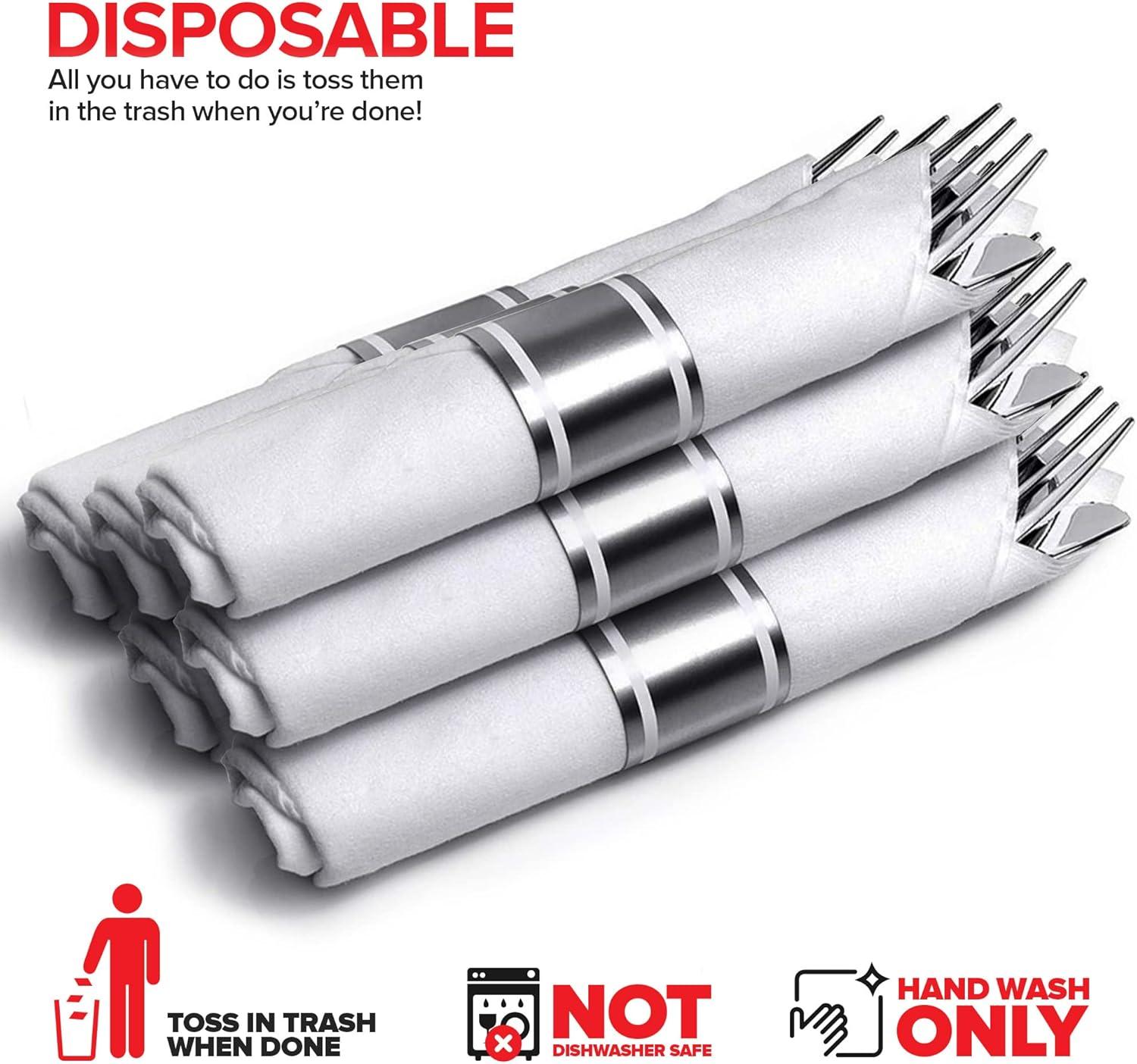 imagePre Rolled Plastic Silverware Sets for Parties 50 Pack Gold Cutlery Set Disposable Spoons Forks Knives Napkins Prewrapped Heavy Duty Utensils Individually Wrapped for Wedding ThanksgivingSilver