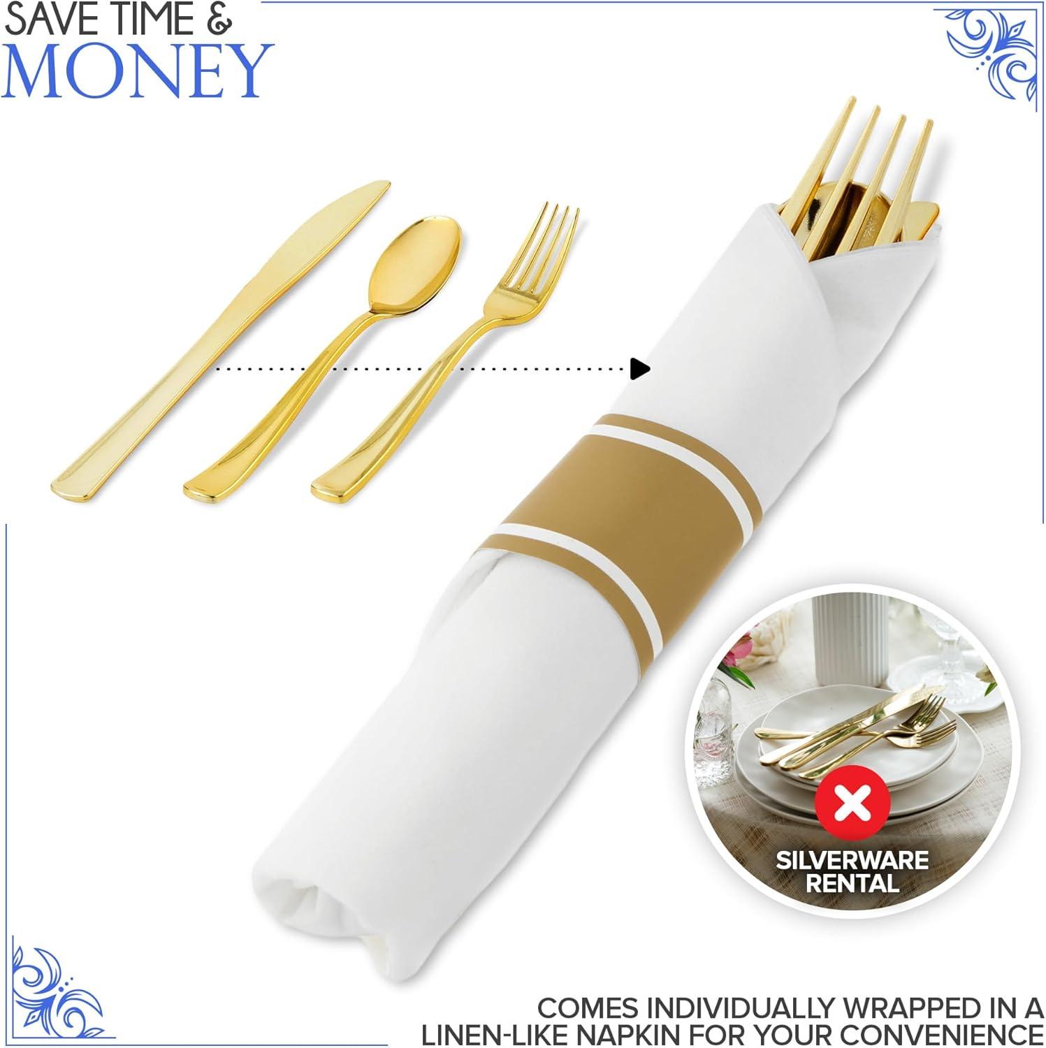 imagePre Rolled Plastic Silverware Sets for Parties 50 Pack Gold Cutlery Set Disposable Spoons Forks Knives Napkins Prewrapped Heavy Duty Utensils Individually Wrapped for Wedding ThanksgivingGold