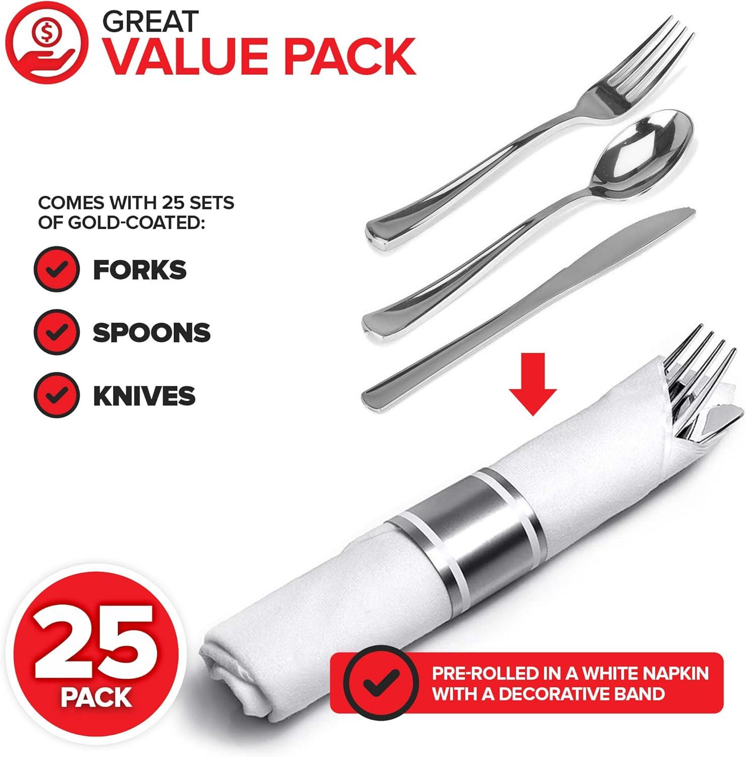 imagePre Rolled Plastic Silverware Sets for Parties 50 Pack Gold Cutlery Set Disposable Spoons Forks Knives Napkins Prewrapped Heavy Duty Utensils Individually Wrapped for Wedding ThanksgivingSilver