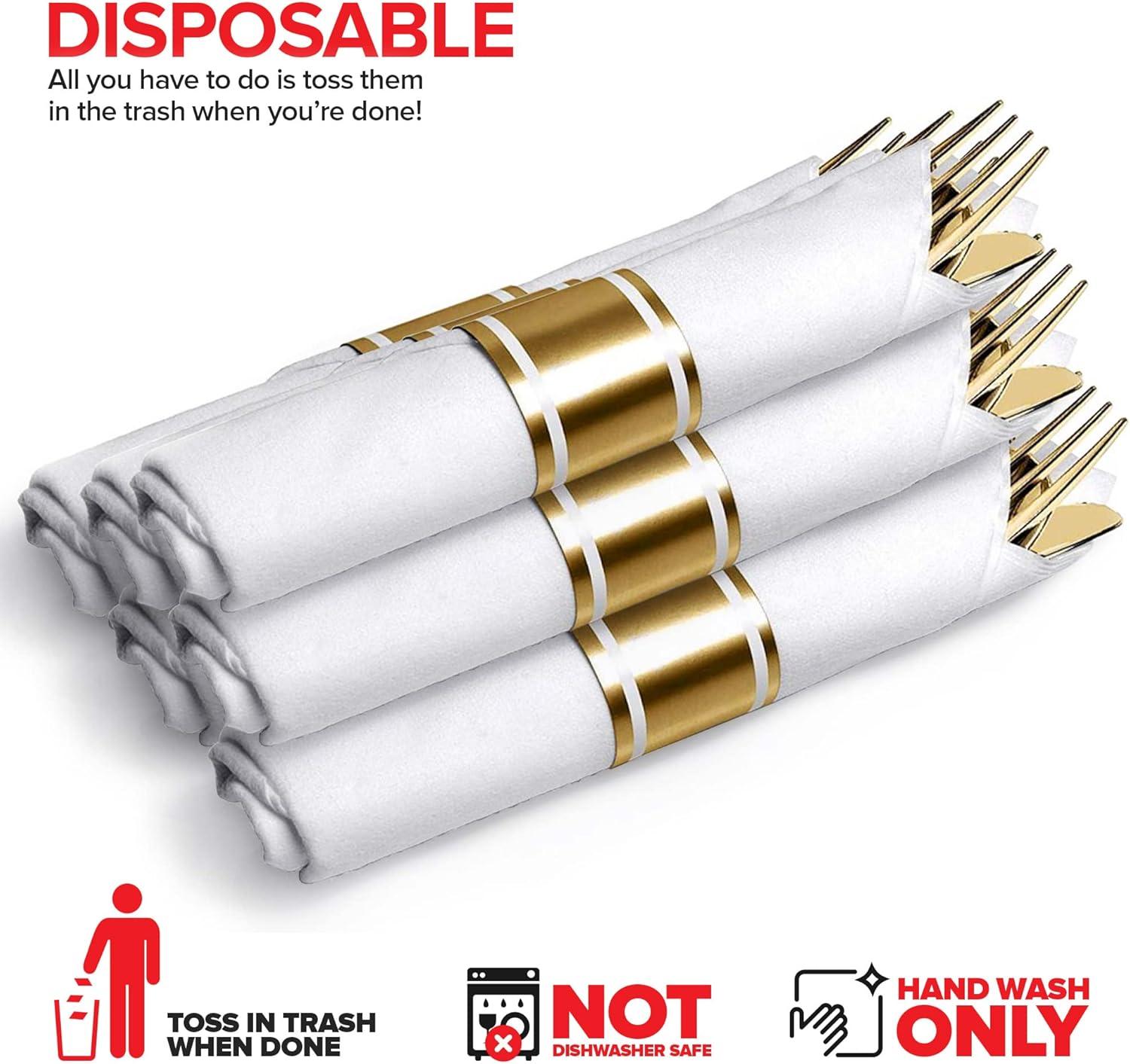 imagePre Rolled Plastic Silverware Sets for Parties 50 Pack Gold Cutlery Set Disposable Spoons Forks Knives Napkins Prewrapped Heavy Duty Utensils Individually Wrapped for Wedding ThanksgivingGold