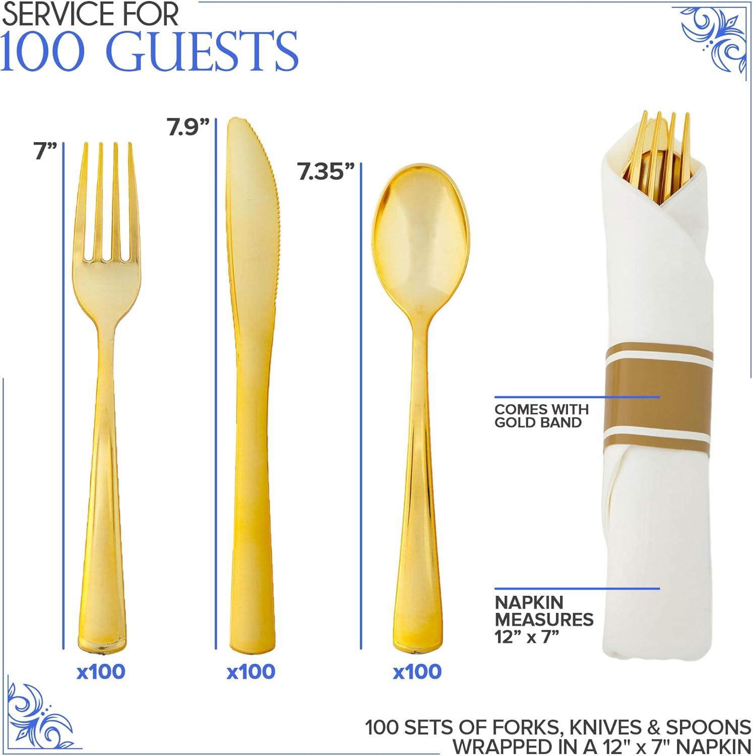 imagePre Rolled Plastic Silverware Sets for Parties 50 Pack Gold Cutlery Set Disposable Spoons Forks Knives Napkins Prewrapped Heavy Duty Utensils Individually Wrapped for Wedding ThanksgivingGold