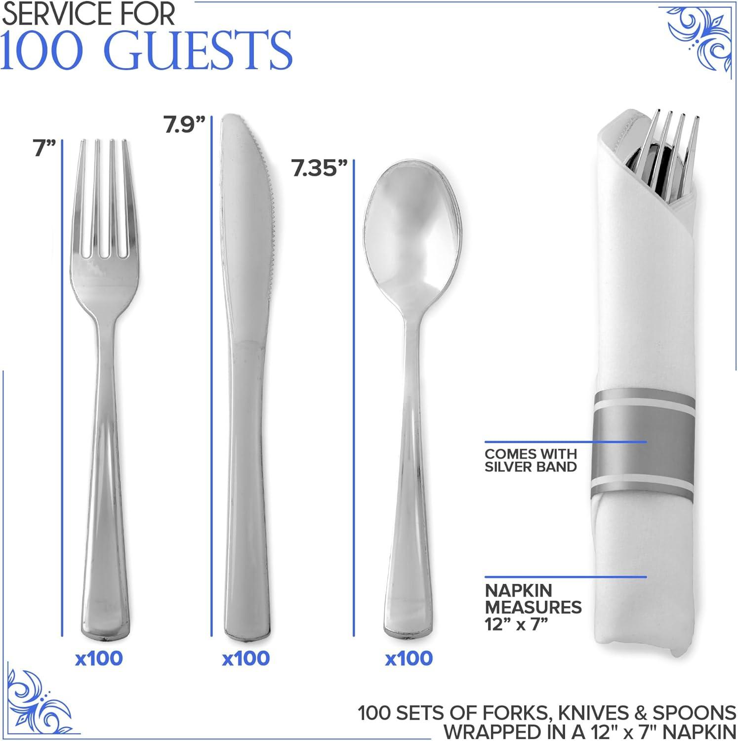 imagePre Rolled Plastic Silverware Sets for Parties 50 Pack Gold Cutlery Set Disposable Spoons Forks Knives Napkins Prewrapped Heavy Duty Utensils Individually Wrapped for Wedding ThanksgivingSilver