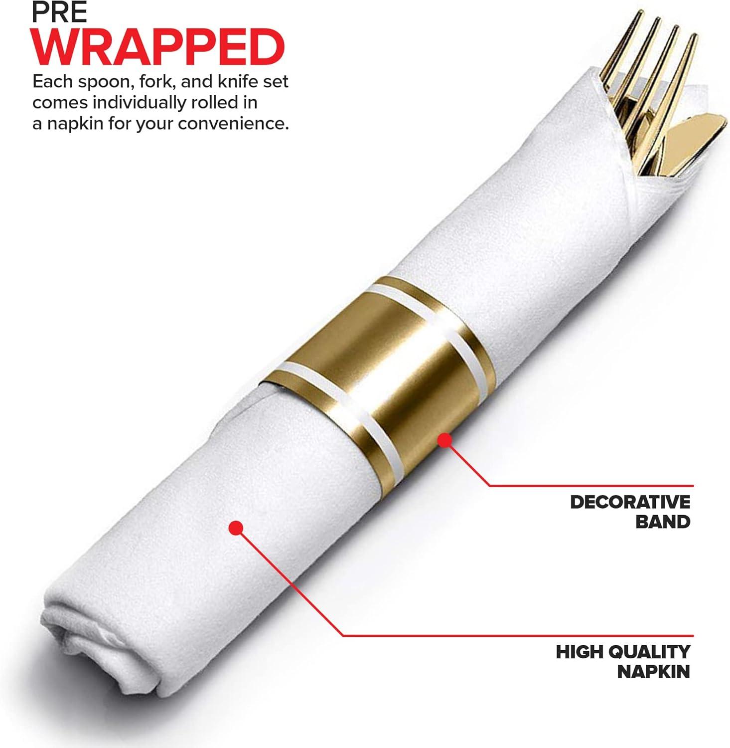 imagePre Rolled Plastic Silverware Sets for Parties 50 Pack Gold Cutlery Set Disposable Spoons Forks Knives Napkins Prewrapped Heavy Duty Utensils Individually Wrapped for Wedding ThanksgivingGold