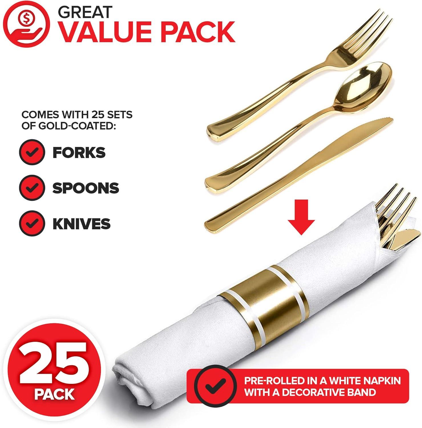 imagePre Rolled Plastic Silverware Sets for Parties 50 Pack Gold Cutlery Set Disposable Spoons Forks Knives Napkins Prewrapped Heavy Duty Utensils Individually Wrapped for Wedding ThanksgivingGold