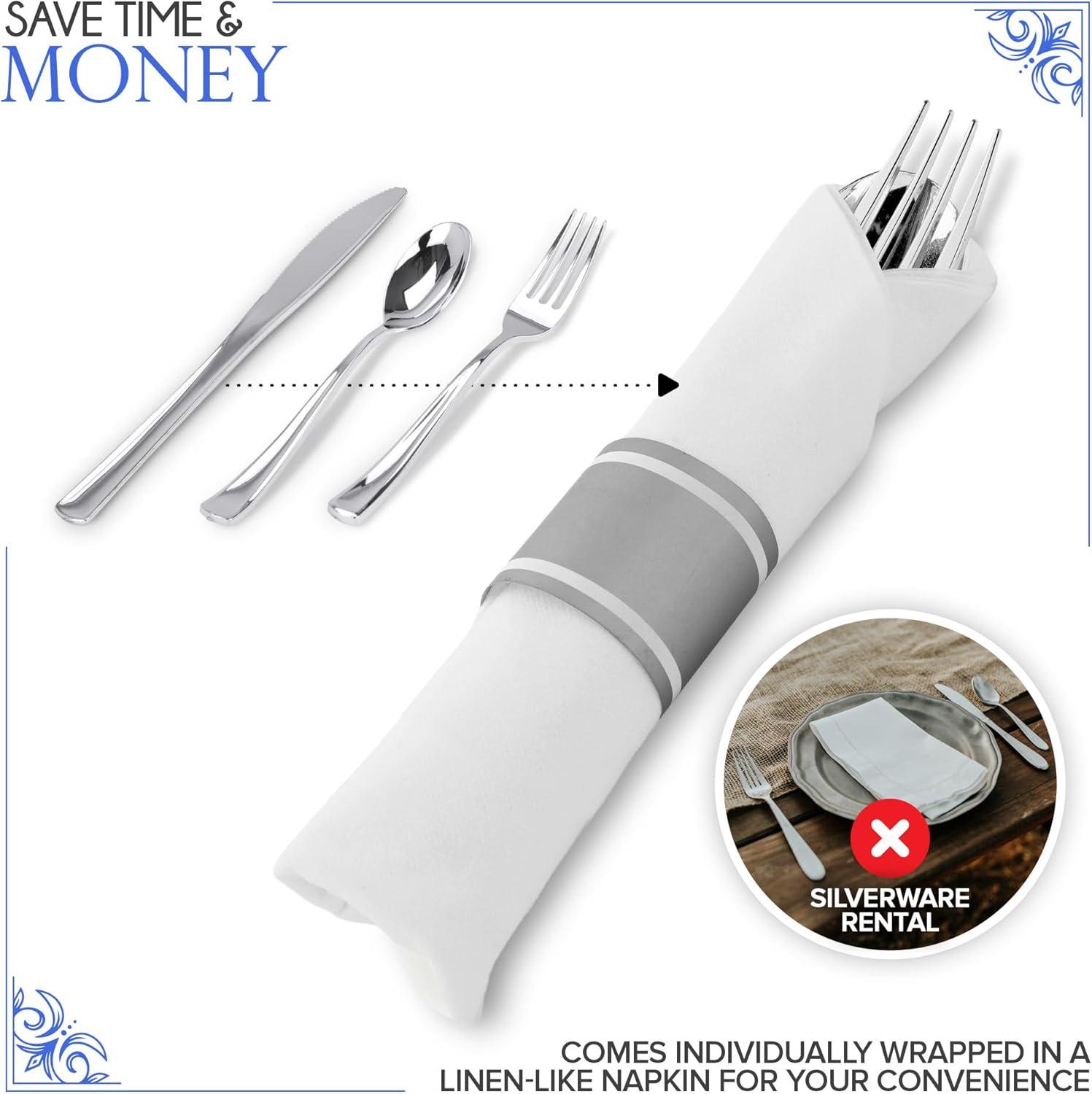 imagePre Rolled Plastic Silverware Sets for Parties 50 Pack Gold Cutlery Set Disposable Spoons Forks Knives Napkins Prewrapped Heavy Duty Utensils Individually Wrapped for Wedding ThanksgivingSilver