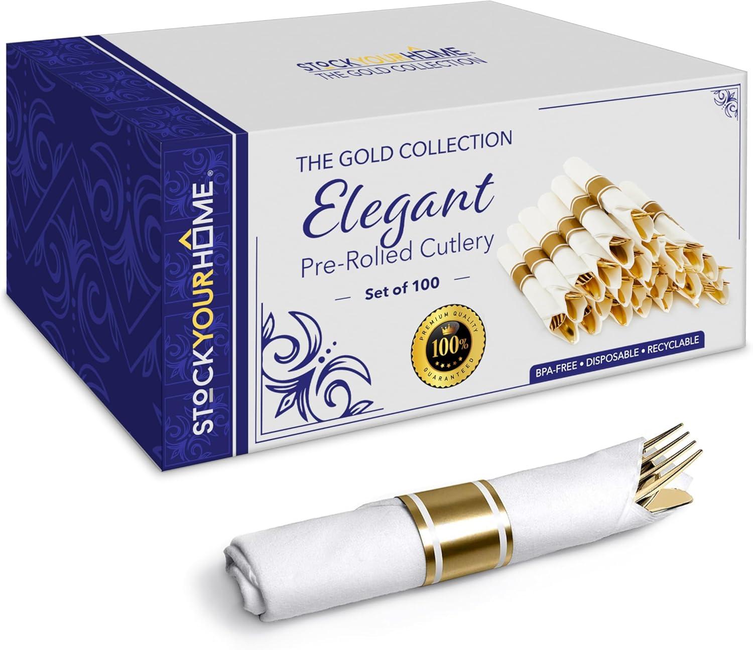 imagePre Rolled Plastic Silverware Sets for Parties 50 Pack Gold Cutlery Set Disposable Spoons Forks Knives Napkins Prewrapped Heavy Duty Utensils Individually Wrapped for Wedding ThanksgivingGold