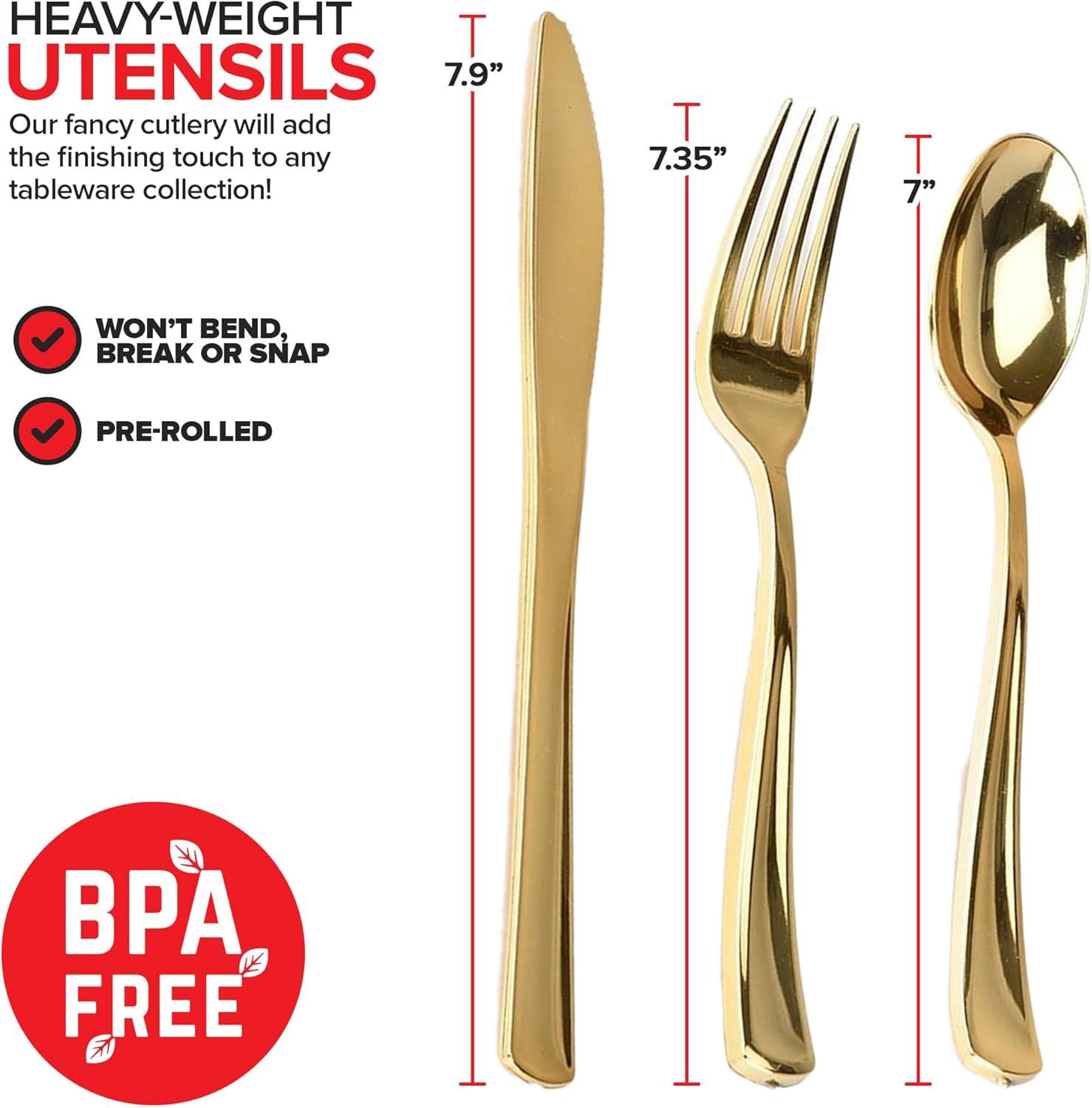 imagePre Rolled Plastic Silverware Sets for Parties 50 Pack Gold Cutlery Set Disposable Spoons Forks Knives Napkins Prewrapped Heavy Duty Utensils Individually Wrapped for Wedding ThanksgivingGold