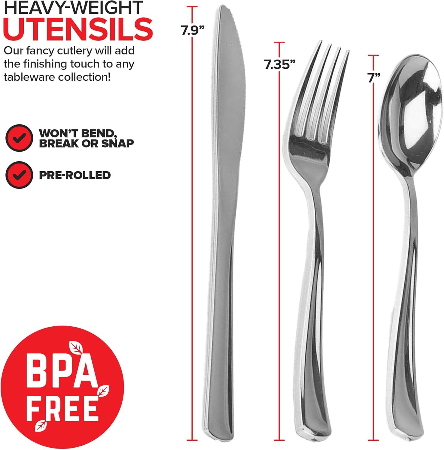 imagePre Rolled Plastic Silverware Sets for Parties 50 Pack Gold Cutlery Set Disposable Spoons Forks Knives Napkins Prewrapped Heavy Duty Utensils Individually Wrapped for Wedding ThanksgivingSilver