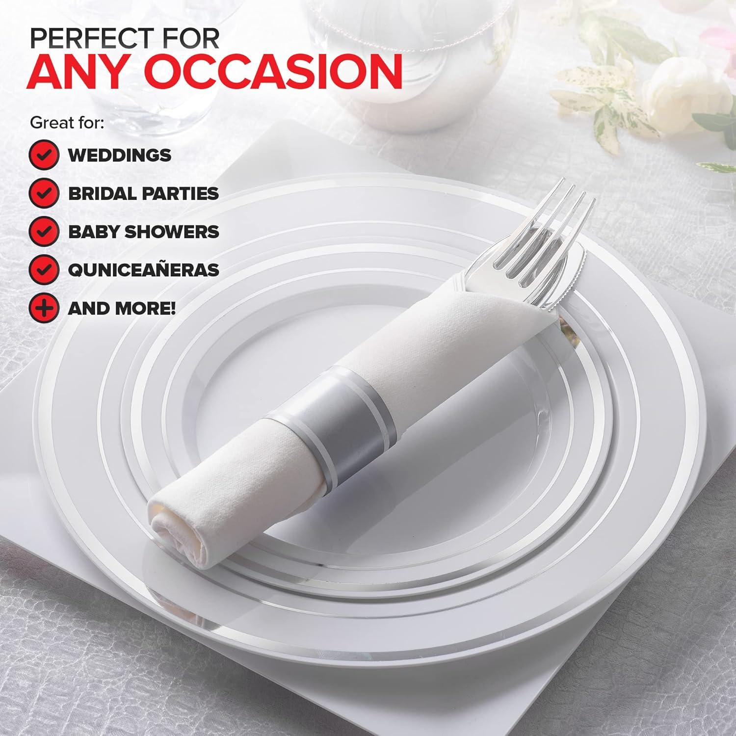 imagePre Rolled Plastic Silverware Sets for Parties 50 Pack Gold Cutlery Set Disposable Spoons Forks Knives Napkins Prewrapped Heavy Duty Utensils Individually Wrapped for Wedding ThanksgivingSilver