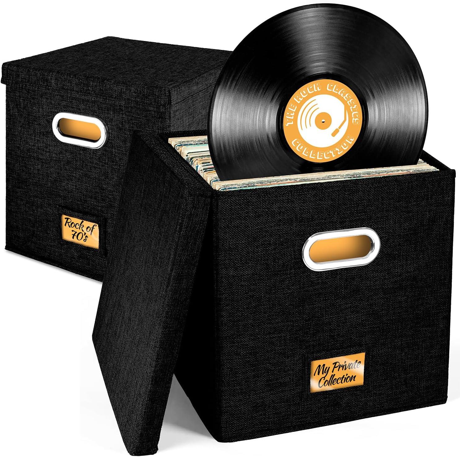 imageSet of 2 Vinyl Record Storage Box for up to 50 12Inch Albums Records Crate LP Album Storage Fabric Storage Boxes with Lids for Moving Office Closet Home Organizer 13x13x13 BlackBlack