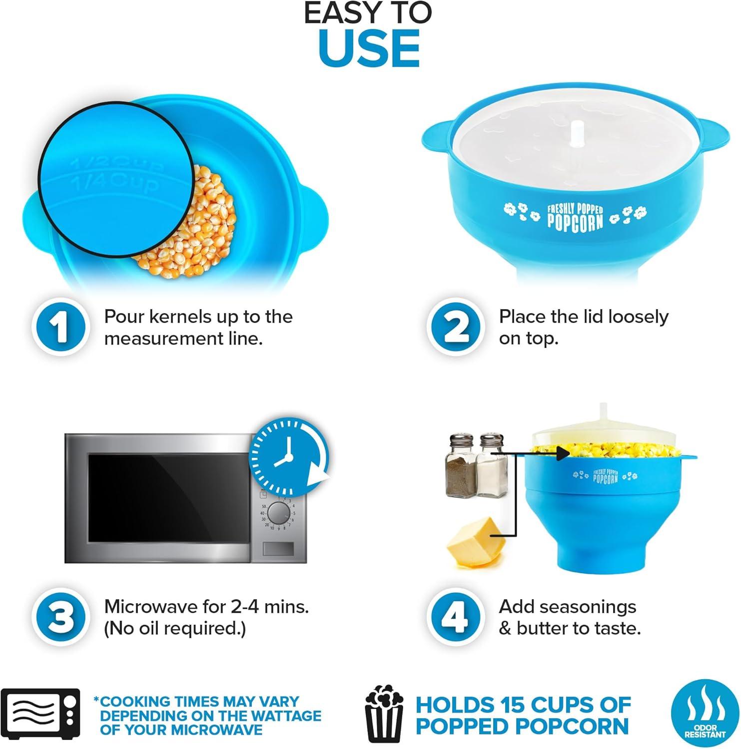 imageSilicone Microwave Popcorn Popper Red Air Popper Popcorn Maker No Oil Required Collapsible PopCorn bowl with Lid Reusable BPAFree Dishwasher SafeBlue