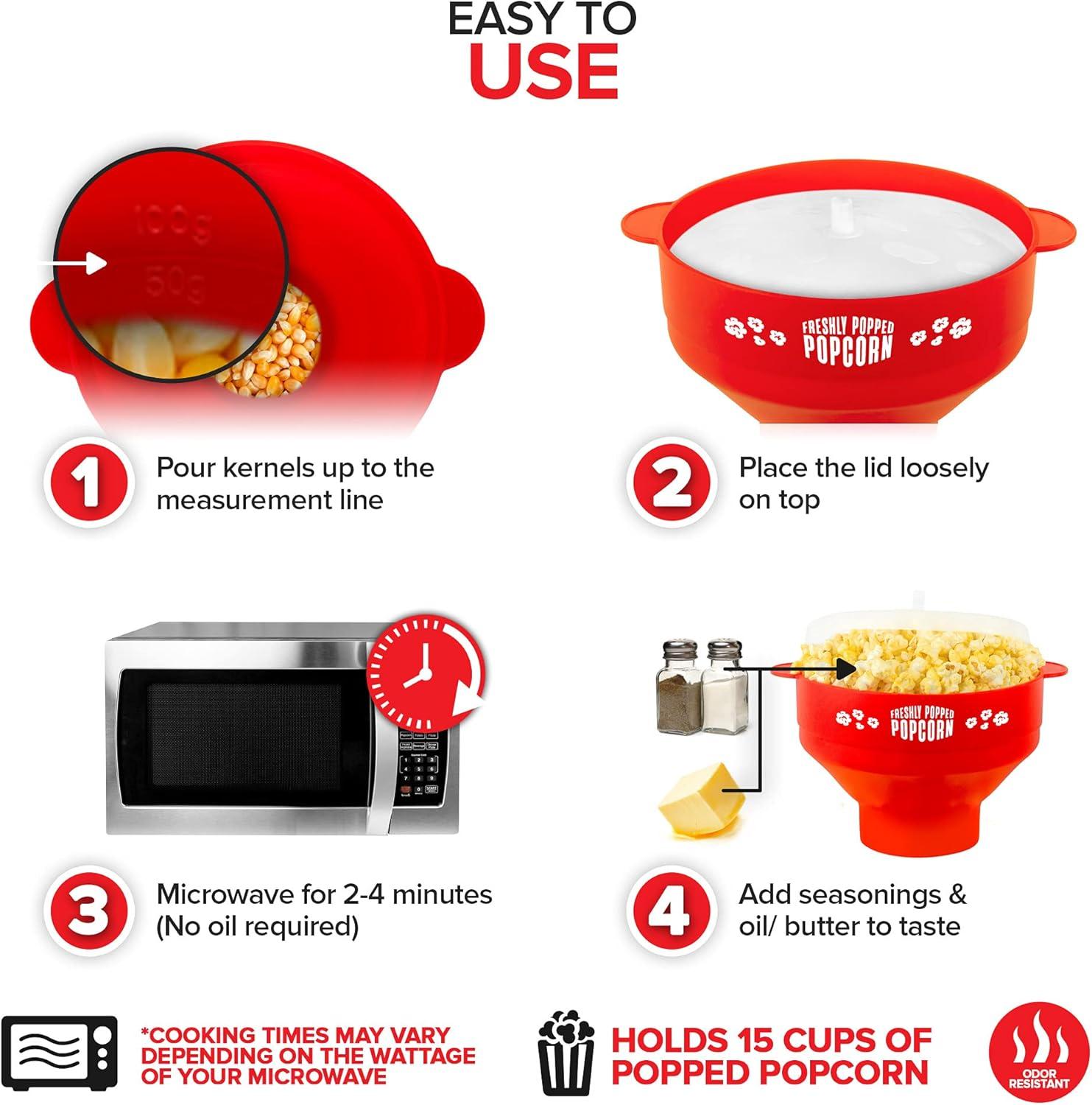 imageSilicone Microwave Popcorn Popper Red Air Popper Popcorn Maker No Oil Required Collapsible PopCorn bowl with Lid Reusable BPAFree Dishwasher SafeRed