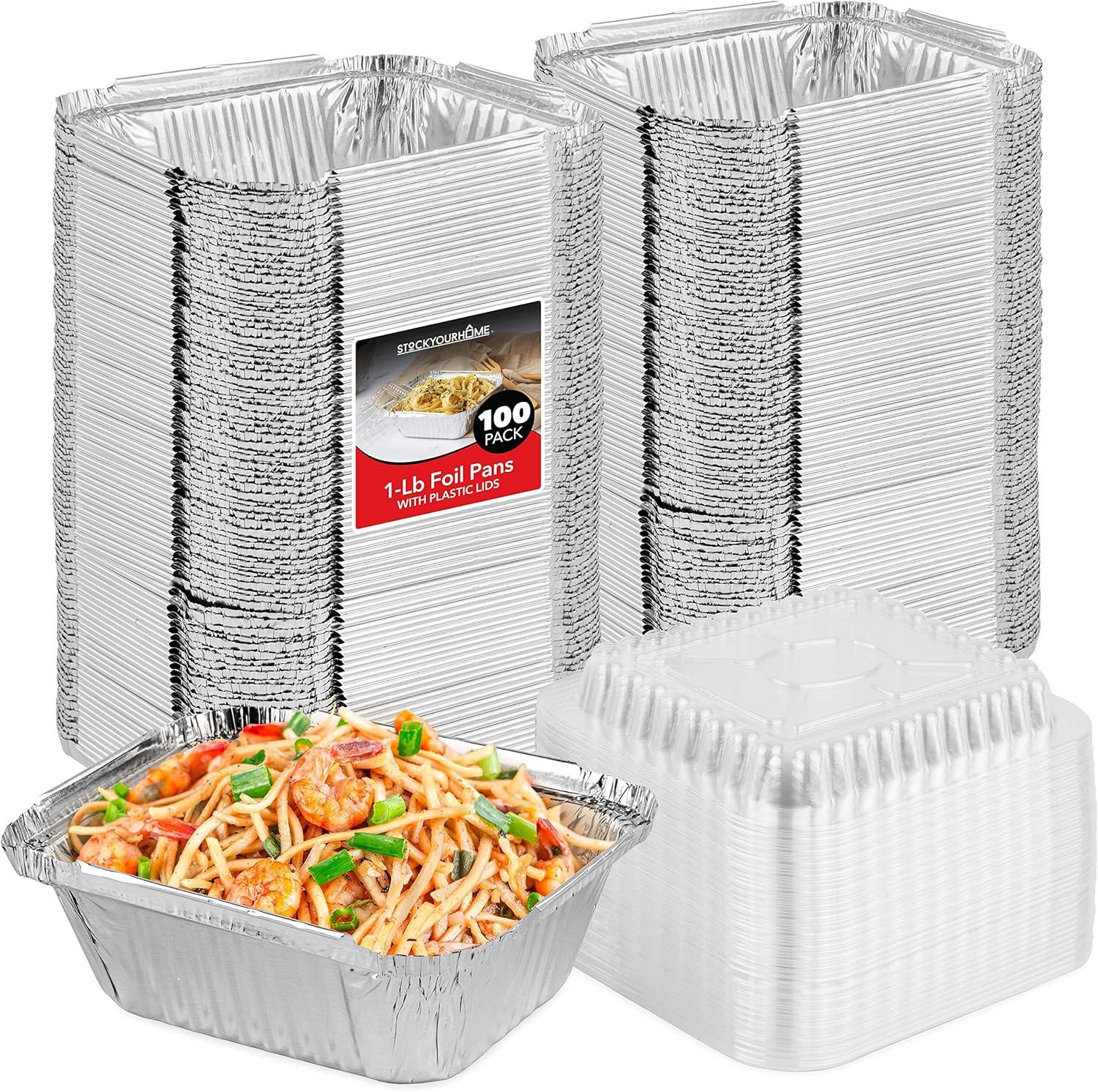 imageStock Your Home 1 Lb Small Aluminum Pans with Lids 25 Pack Foil Pans Clear Plastic Lids Disposable Cookware Takeout Trays with Lids To Go Disposable Food Containers for Restaurants amp Catering100