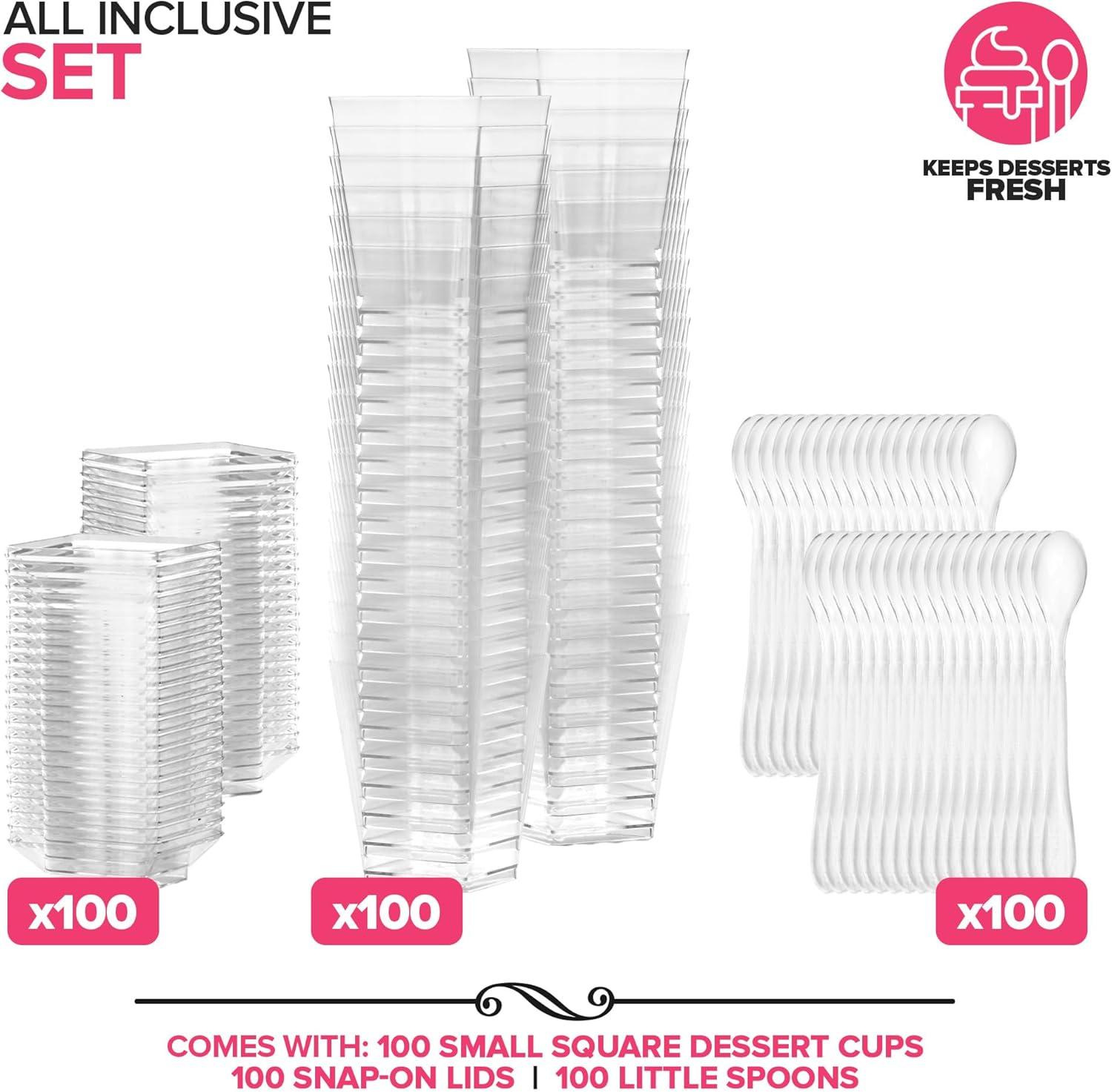 imageStock Your Home 100 Pack 5 oz Elegant Mini Clear Plastic Dessert Cups with Lids and Spoons Square Parfait Cup wLid for Small Individual Desserts Pudding Shooters Appetizers Trifle Shooter100