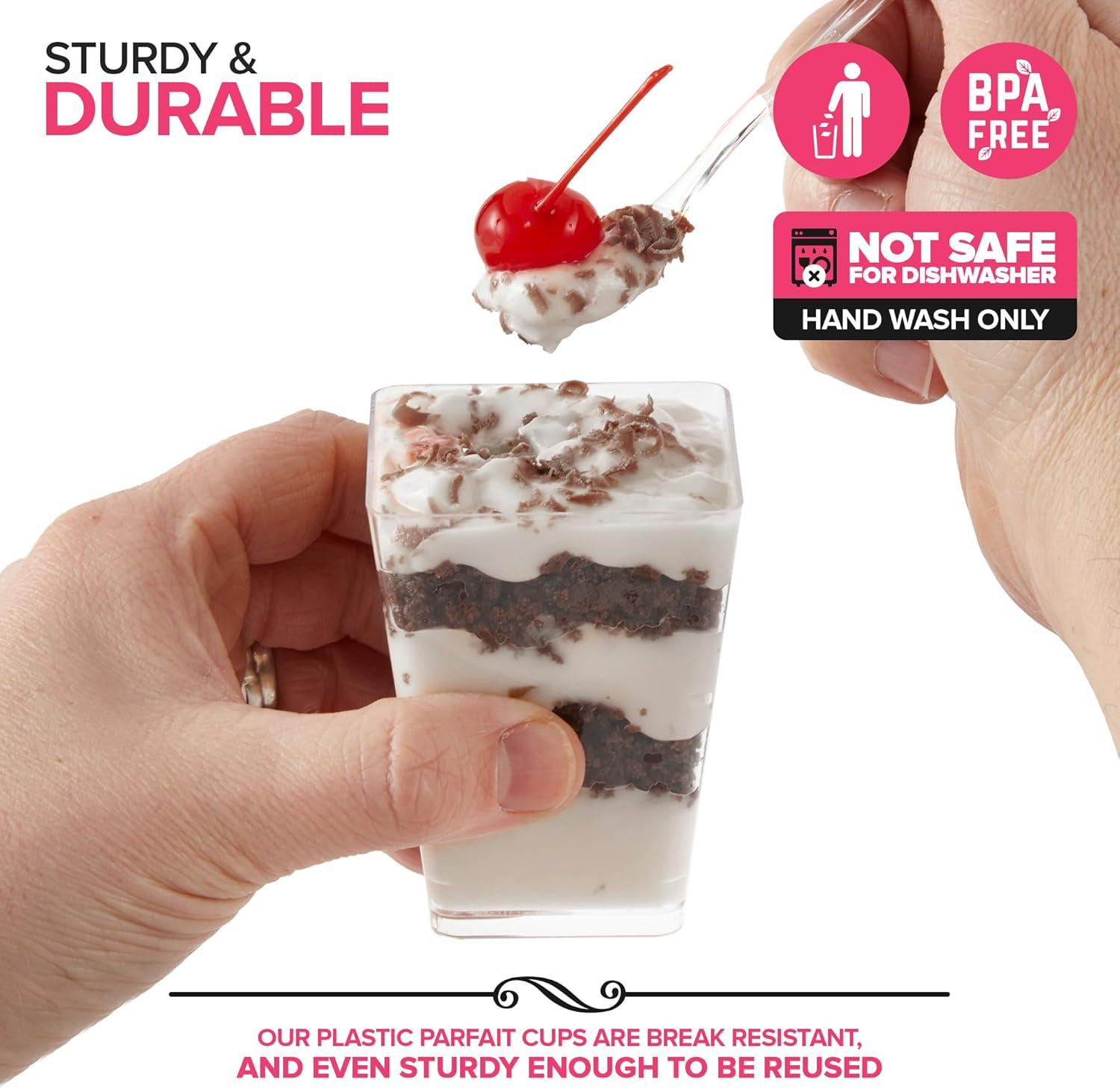 imageStock Your Home 100 Pack 5 oz Elegant Mini Clear Plastic Dessert Cups with Lids and Spoons Square Parfait Cup wLid for Small Individual Desserts Pudding Shooters Appetizers Trifle Shooter100