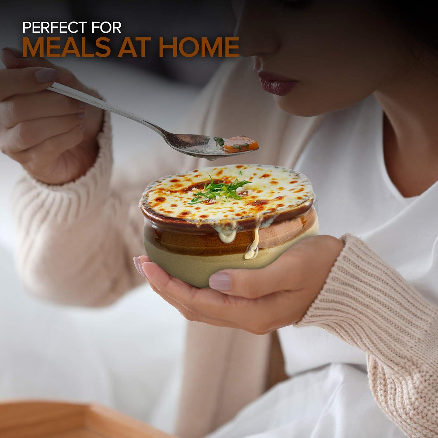 imageStock Your Home 12 oz French Onion Soup Crock 4 Pack TwoToned Brown amp Ivory Porcelain Soup Bowls Oven Safe Soup Bowls Microwave and Dishwasher Safe Soup CrocksBrown Two Tone