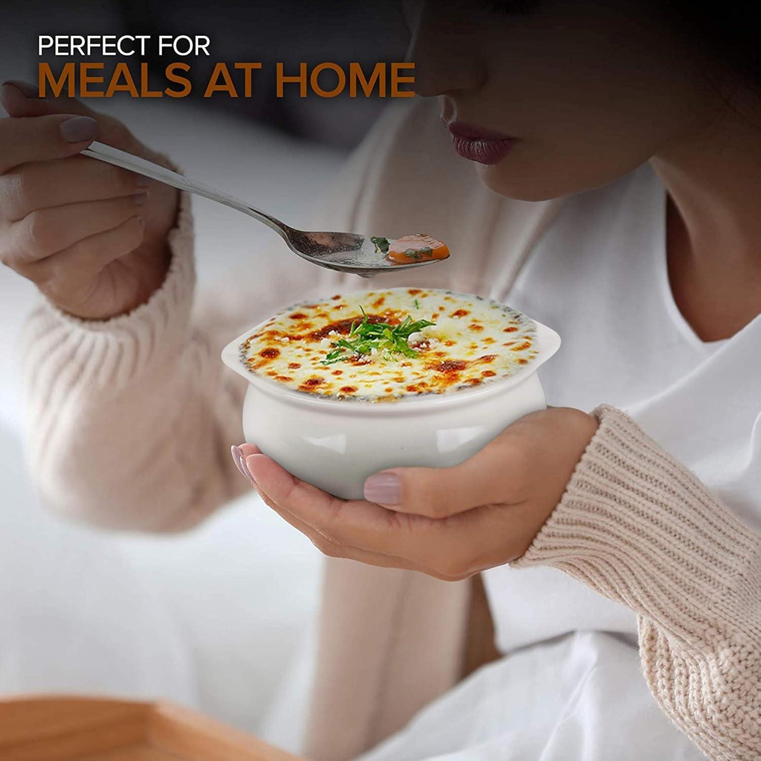 imageStock Your Home 12 oz French Onion Soup Crock 4 Pack TwoToned Brown amp Ivory Porcelain Soup Bowls Oven Safe Soup Bowls Microwave and Dishwasher Safe Soup CrocksWhite