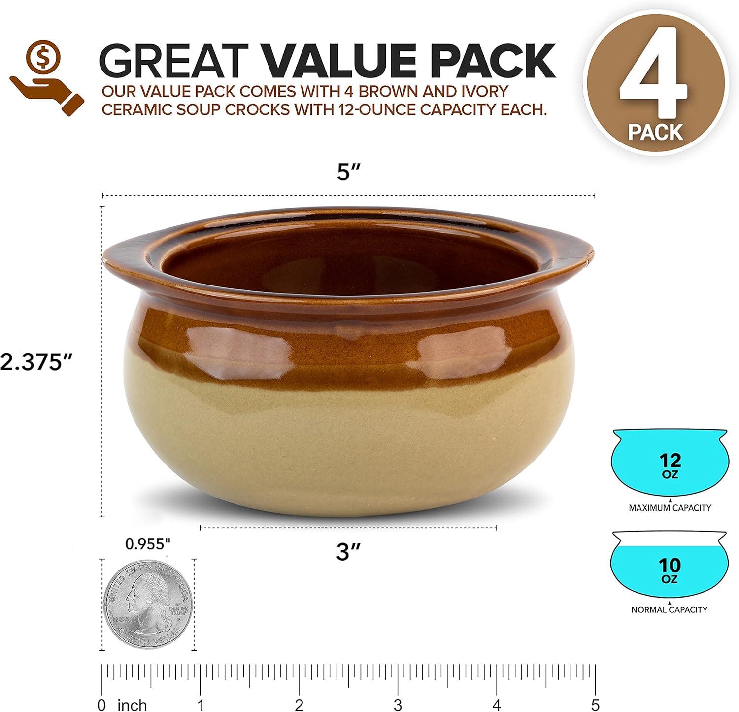 imageStock Your Home 12 oz French Onion Soup Crock 4 Pack TwoToned Brown amp Ivory Porcelain Soup Bowls Oven Safe Soup Bowls Microwave and Dishwasher Safe Soup CrocksBrown Two Tone