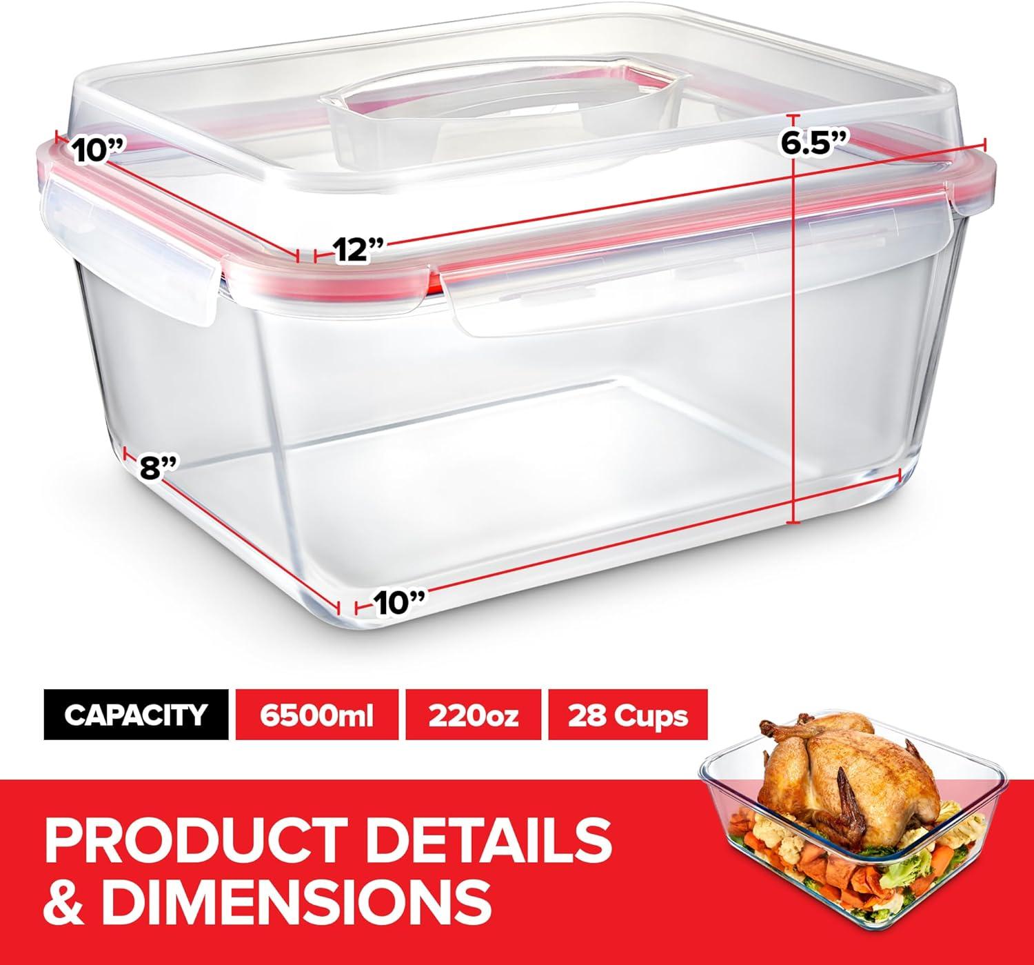 imageStock Your Home 28 Cup Extra Large Rectangular Glass Food Storage Container with Lid Modern Style Airtight Leak Proof Microwave Oven Dishwasher Freezer Safe 125L x 10W x 65H