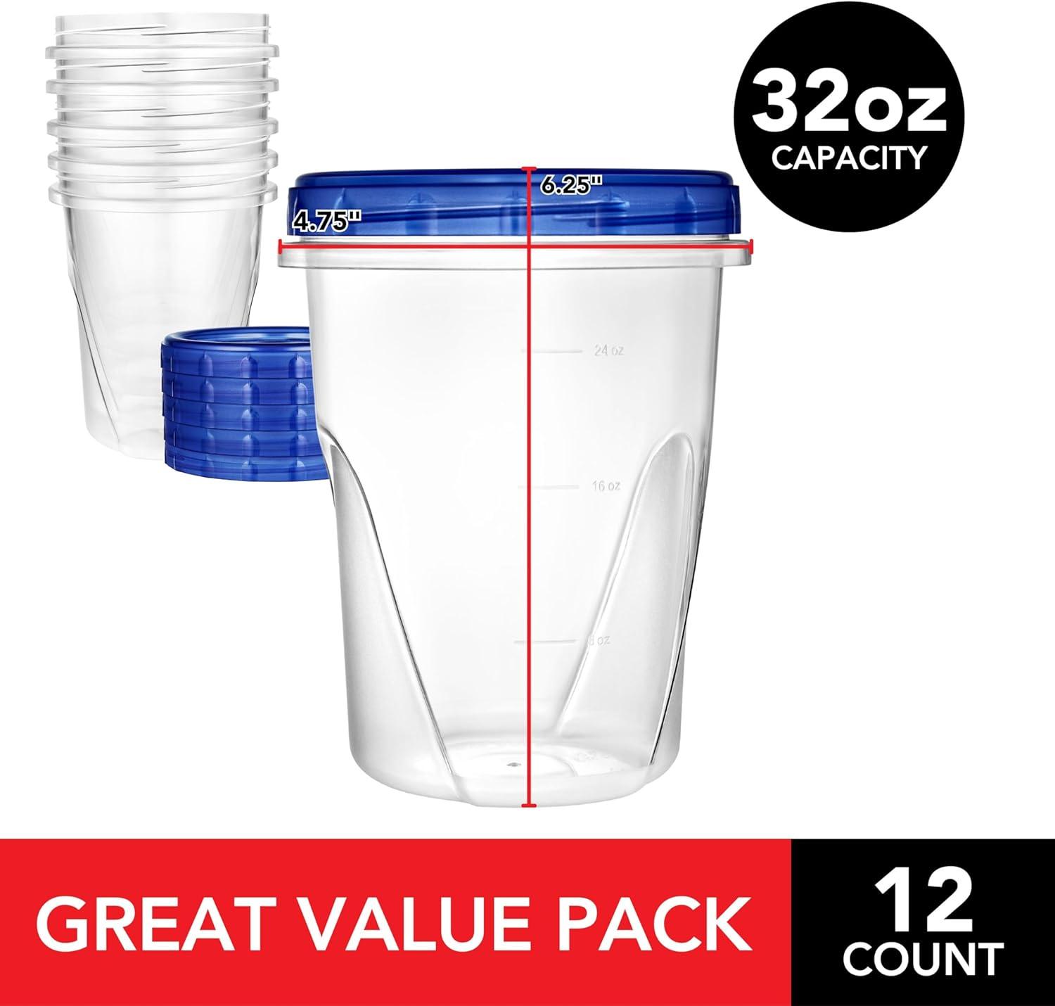 imageStock Your Home 32 oz Plastic Containers with Twist Top Lids 12 Pack Quart Freezer Containers for Leftover Food Airtight Reusable Soup Containers Microwave and Dishwasher Safe