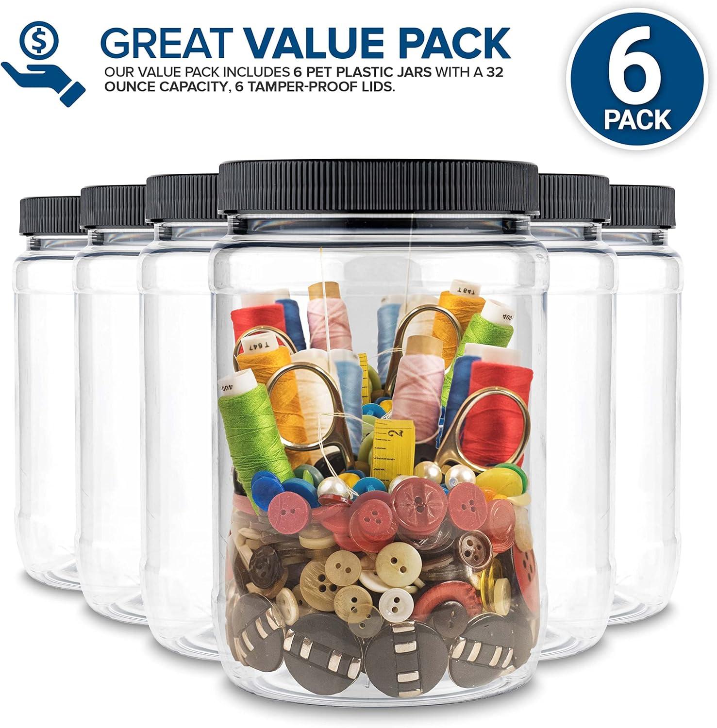 imageStock Your Home 32 oz Plastic Jars 6 Pack BPA Free Plastic Mason Jars for Kitchen Pantry Jars with Airtight Lids for Storing Rice Pasta Coffee Grains Candy CookiesRound