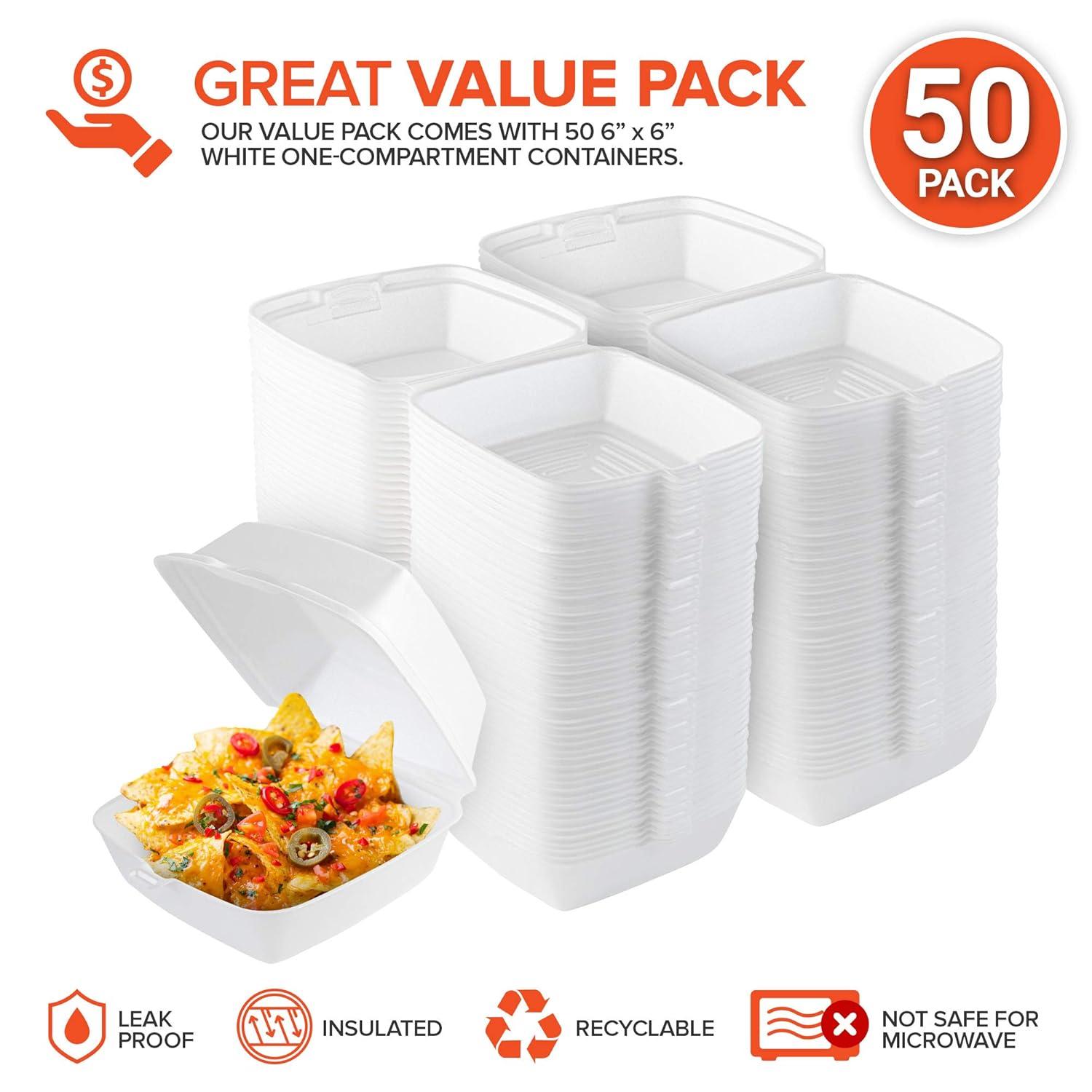 imageStock Your Home 6x6 Clamshell Take Out Boxes 50 Pack Small 1Compartment Foam Food Containers Disposable Lunch Container Restaurant Togo Trays with Hinged Lids for Takeout Carryout and MealPrep