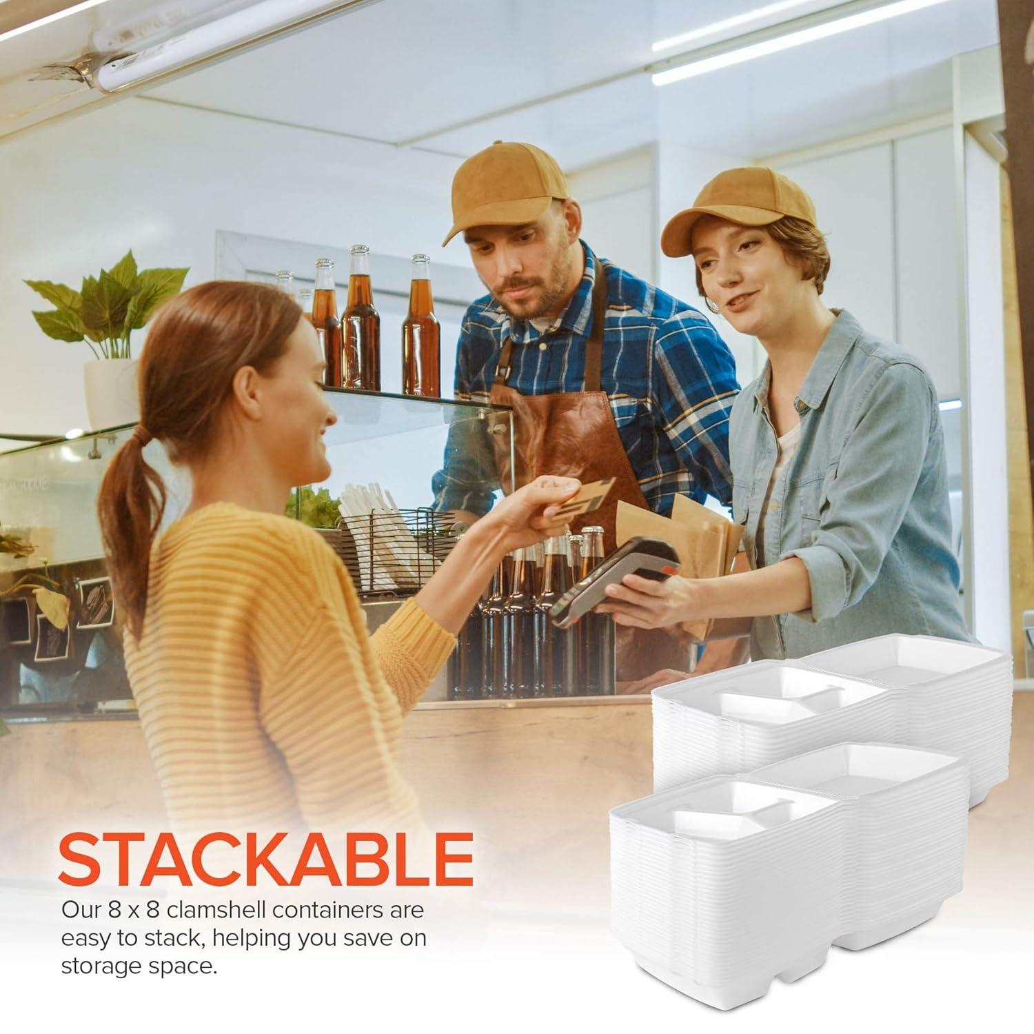 imageStock Your Home 8x8 Clamshell Take Out Boxes 25 Pack Medium 3Compartment Foam Food Containers Disposable Lunch Container Restaurant Togo Trays with Hinged Lids for Takeout Carryout and MealPrep