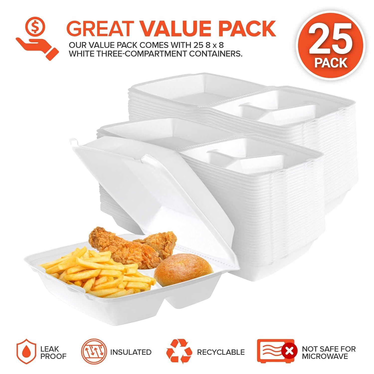 imageStock Your Home 8x8 Clamshell Take Out Boxes 25 Pack Medium 3Compartment Foam Food Containers Disposable Lunch Container Restaurant Togo Trays with Hinged Lids for Takeout Carryout and MealPrep