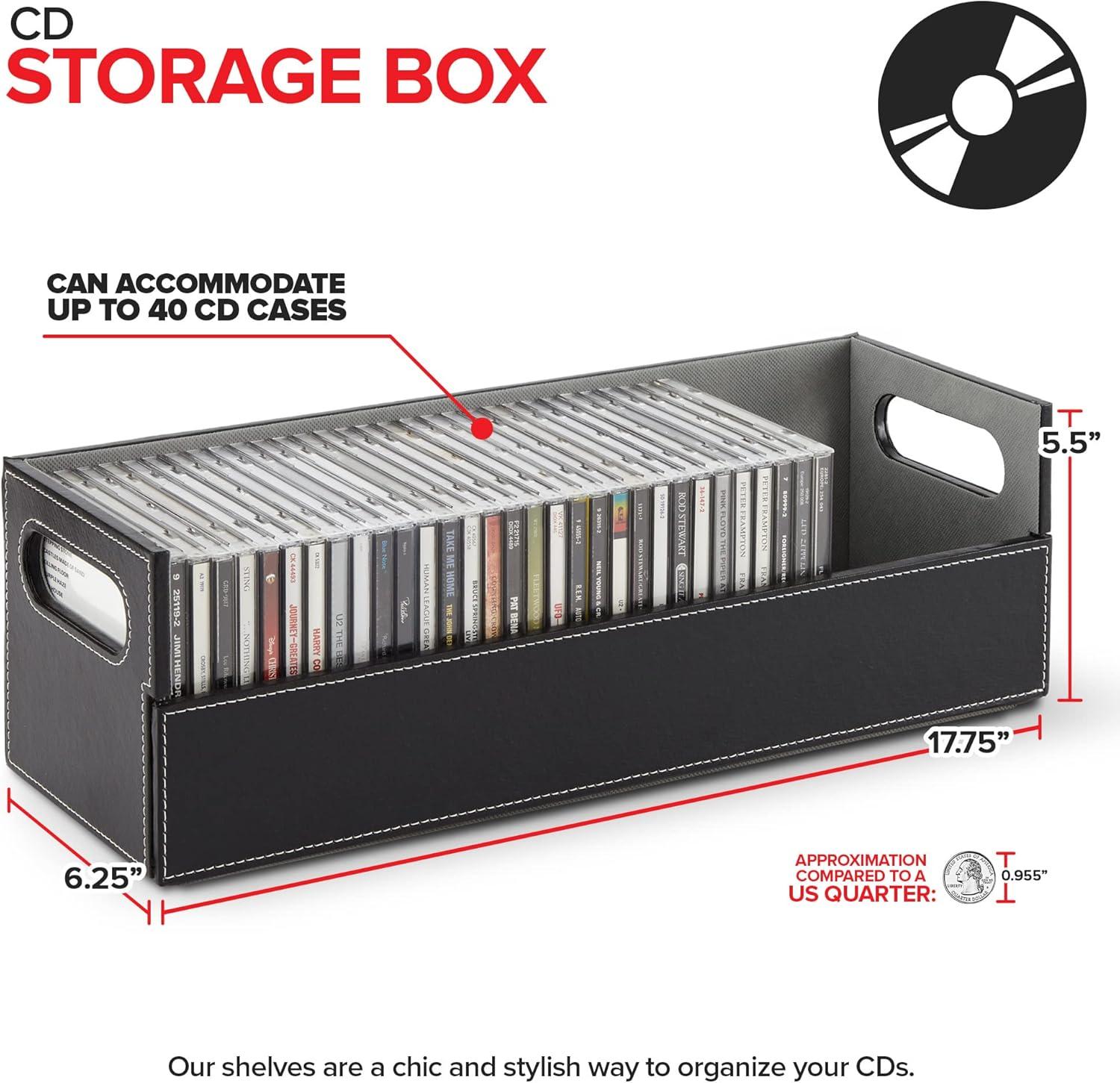 imageStock Your Home CD Storage Box Organizer Shelf for Movie Cases DVDs Cassette Tape Display Stand Disc Holder Can Store Up to 40 CDs Faux Leather WhiteBlack