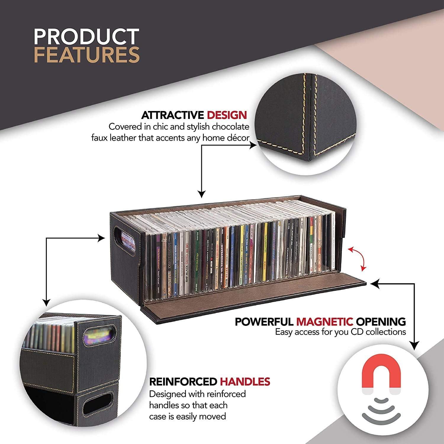 imageStock Your Home CD Storage Box Organizer Shelf for Movie Cases DVDs Cassette Tape Display Stand Disc Holder Can Store Up to 40 CDs Faux Leather WhiteDark Brown