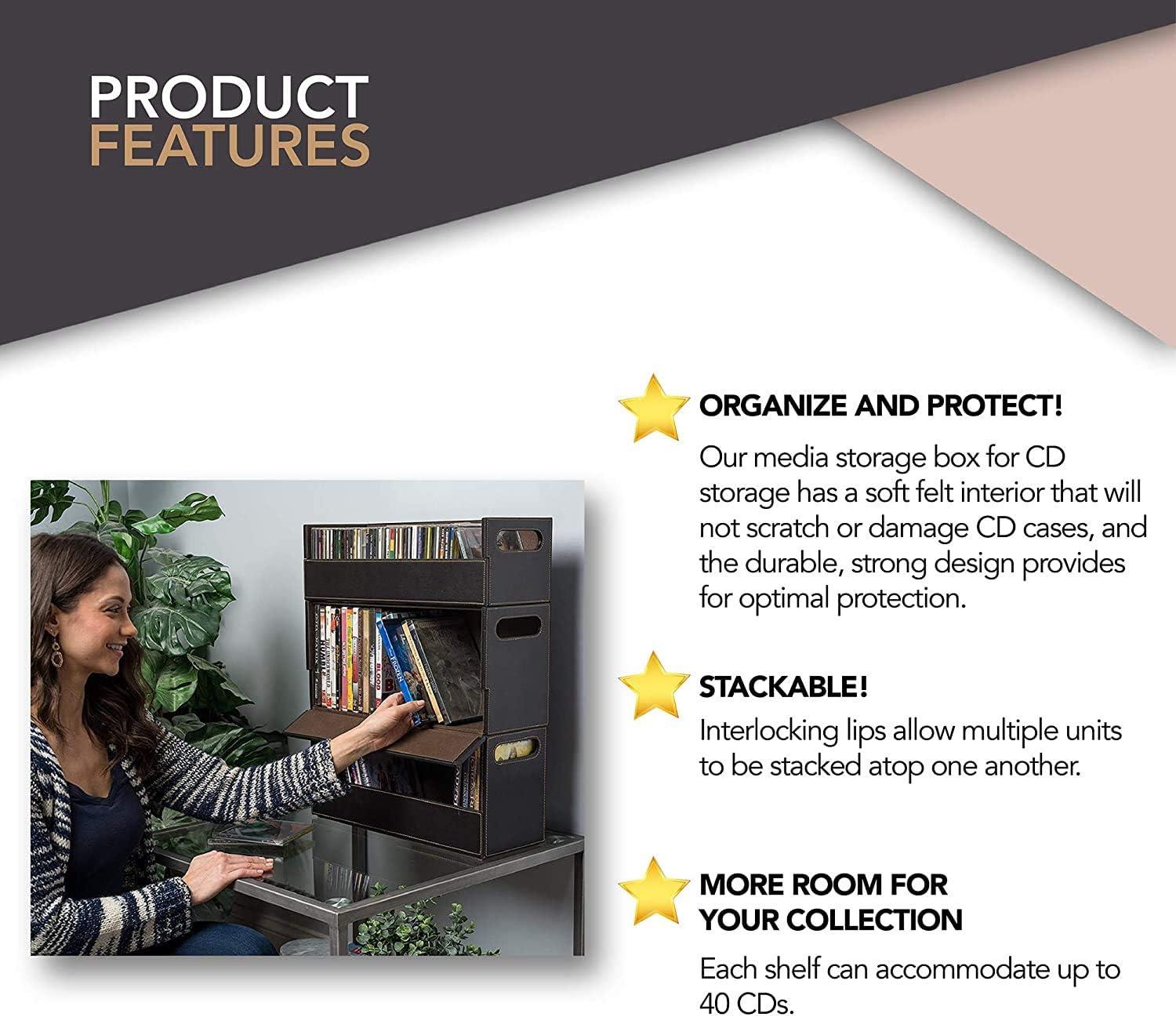 imageStock Your Home CD Storage Box Organizer Shelf for Movie Cases DVDs Cassette Tape Display Stand Disc Holder Can Store Up to 40 CDs Faux Leather WhiteDark Brown