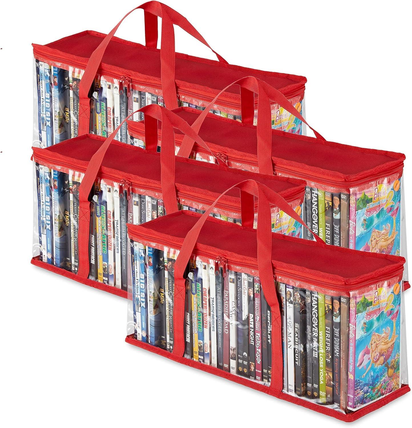 imageStock Your Home DVD Storage Bags Set of 4 Media Organizer Bag for DVDs CDs Blu Ray Disc Movie Cases VHS Box Video Game Disks Clear Plastic Holders with Carrying Handles and Zipper WhiteRed