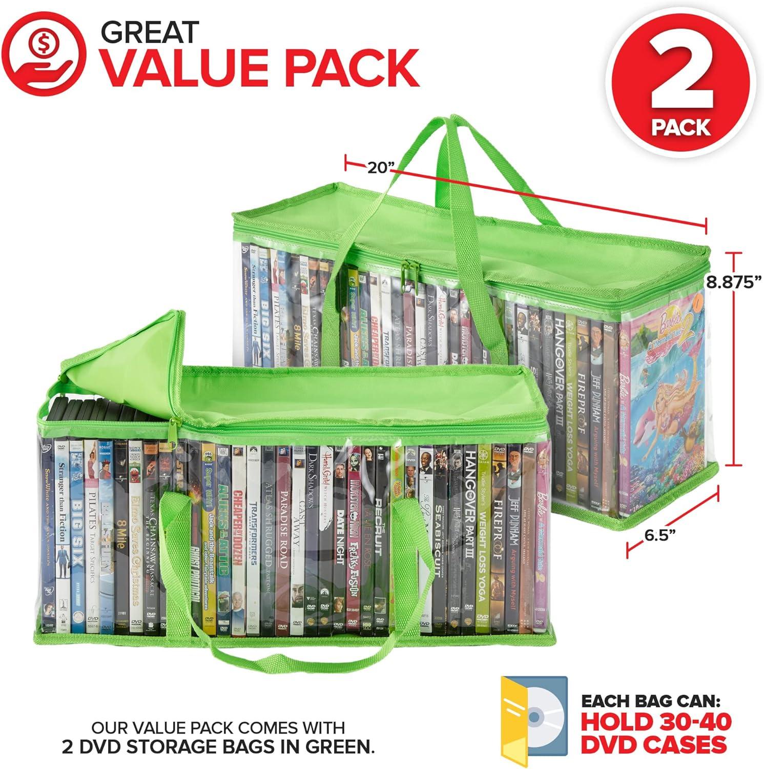 imageStock Your Home DVD Storage Bags Set of 4 Media Organizer Bag for DVDs CDs Blu Ray Disc Movie Cases VHS Box Video Game Disks Clear Plastic Holders with Carrying Handles and Zipper WhiteGreen
