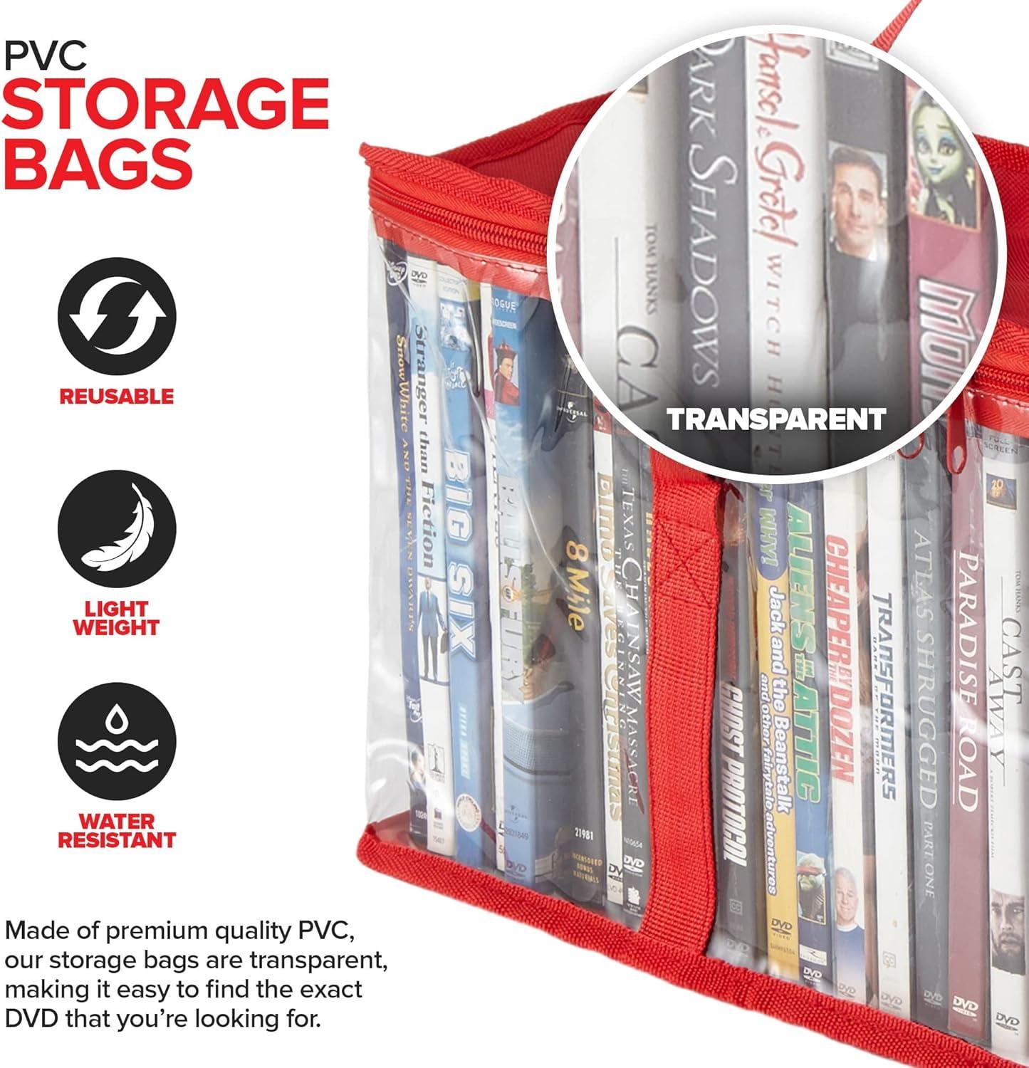 imageStock Your Home DVD Storage Bags Set of 4 Media Organizer Bag for DVDs CDs Blu Ray Disc Movie Cases VHS Box Video Game Disks Clear Plastic Holders with Carrying Handles and Zipper WhiteRed