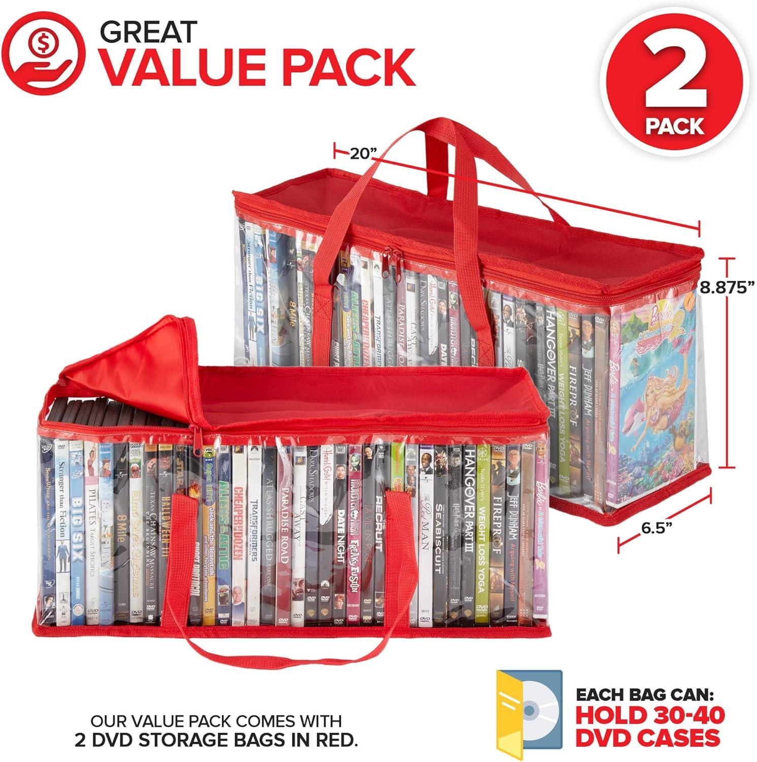 imageStock Your Home DVD Storage Bags Set of 4 Media Organizer Bag for DVDs CDs Blu Ray Disc Movie Cases VHS Box Video Game Disks Clear Plastic Holders with Carrying Handles and Zipper WhiteRed