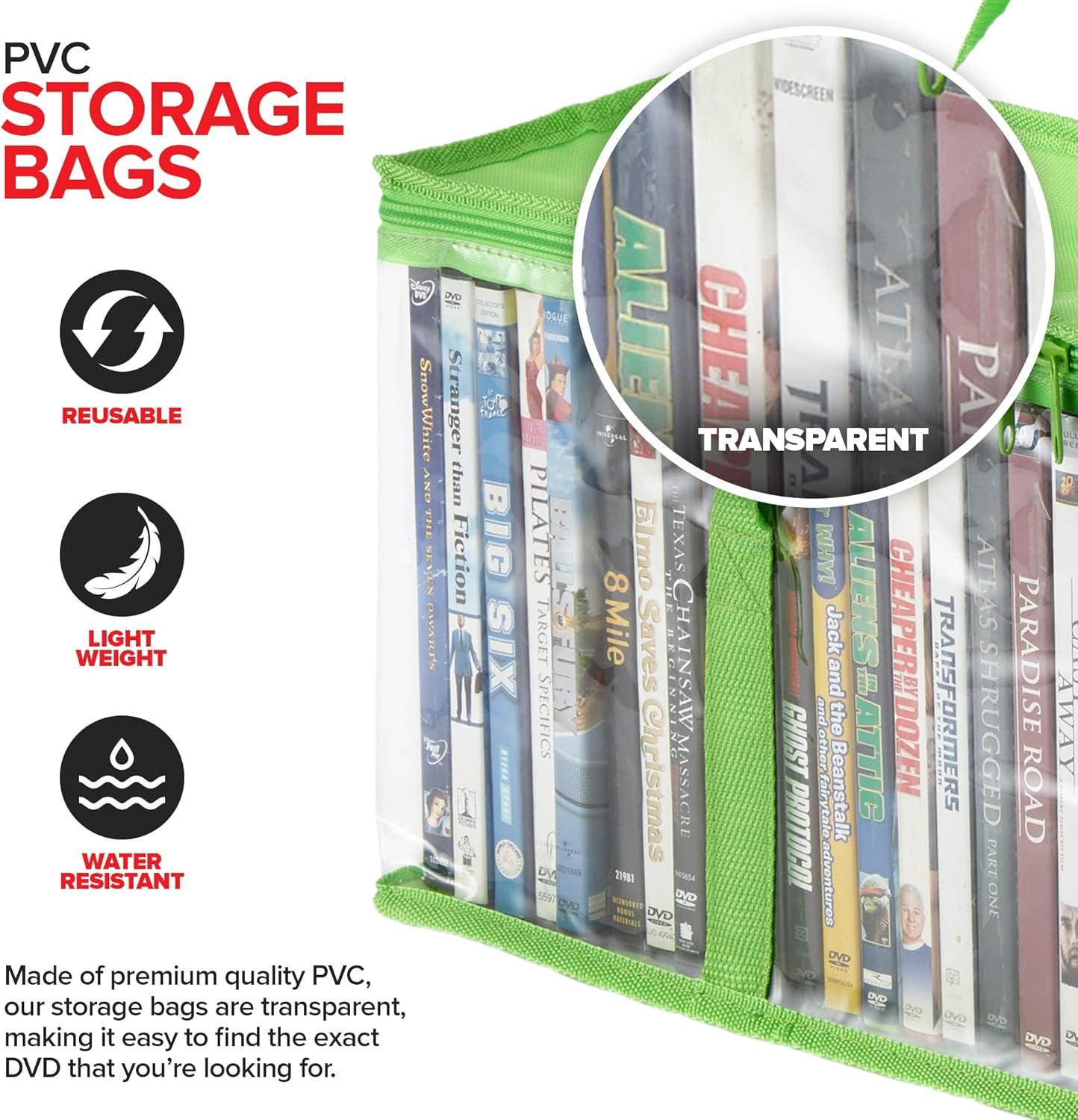 imageStock Your Home DVD Storage Bags Set of 4 Media Organizer Bag for DVDs CDs Blu Ray Disc Movie Cases VHS Box Video Game Disks Clear Plastic Holders with Carrying Handles and Zipper WhiteGreen