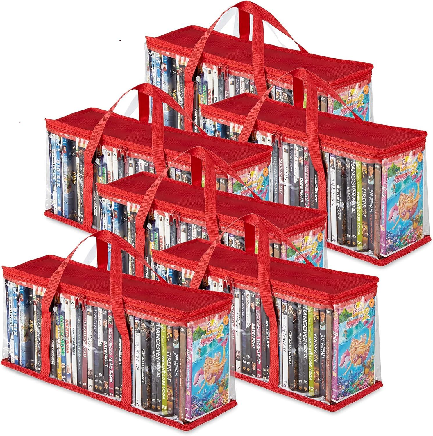 imageStock Your Home DVD Storage Bags Set of 4 Media Organizer Bag for DVDs CDs Blu Ray Disc Movie Cases VHS Box Video Game Disks Clear Plastic Holders with Carrying Handles and Zipper WhiteRed