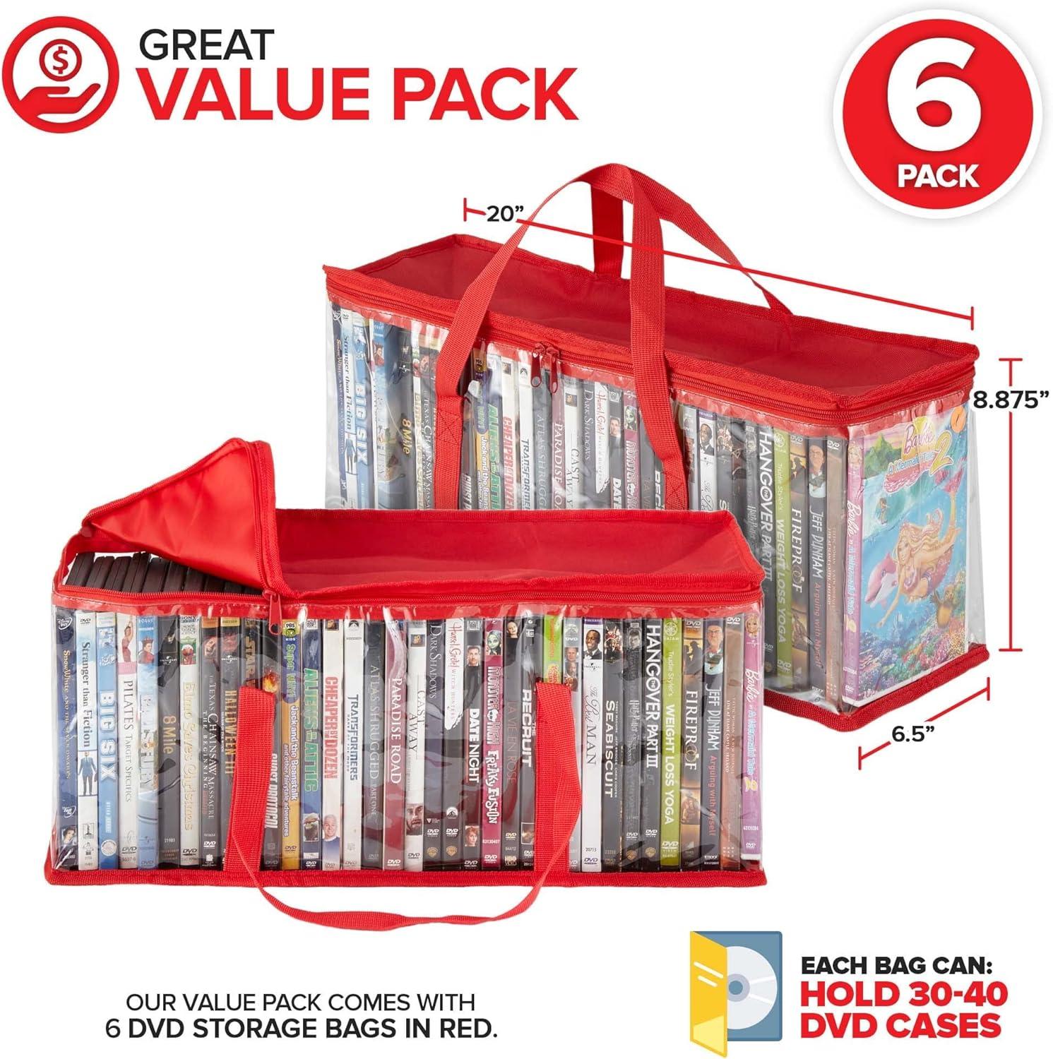 imageStock Your Home DVD Storage Bags Set of 4 Media Organizer Bag for DVDs CDs Blu Ray Disc Movie Cases VHS Box Video Game Disks Clear Plastic Holders with Carrying Handles and Zipper WhiteRed
