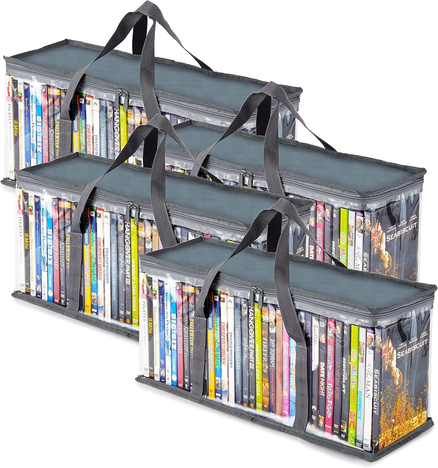 imageStock Your Home DVD Storage Bags Set of 4 Media Organizer Bag for DVDs CDs Blu Ray Disc Movie Cases VHS Box Video Game Disks Clear Plastic Holders with Carrying Handles and Zipper WhiteGray