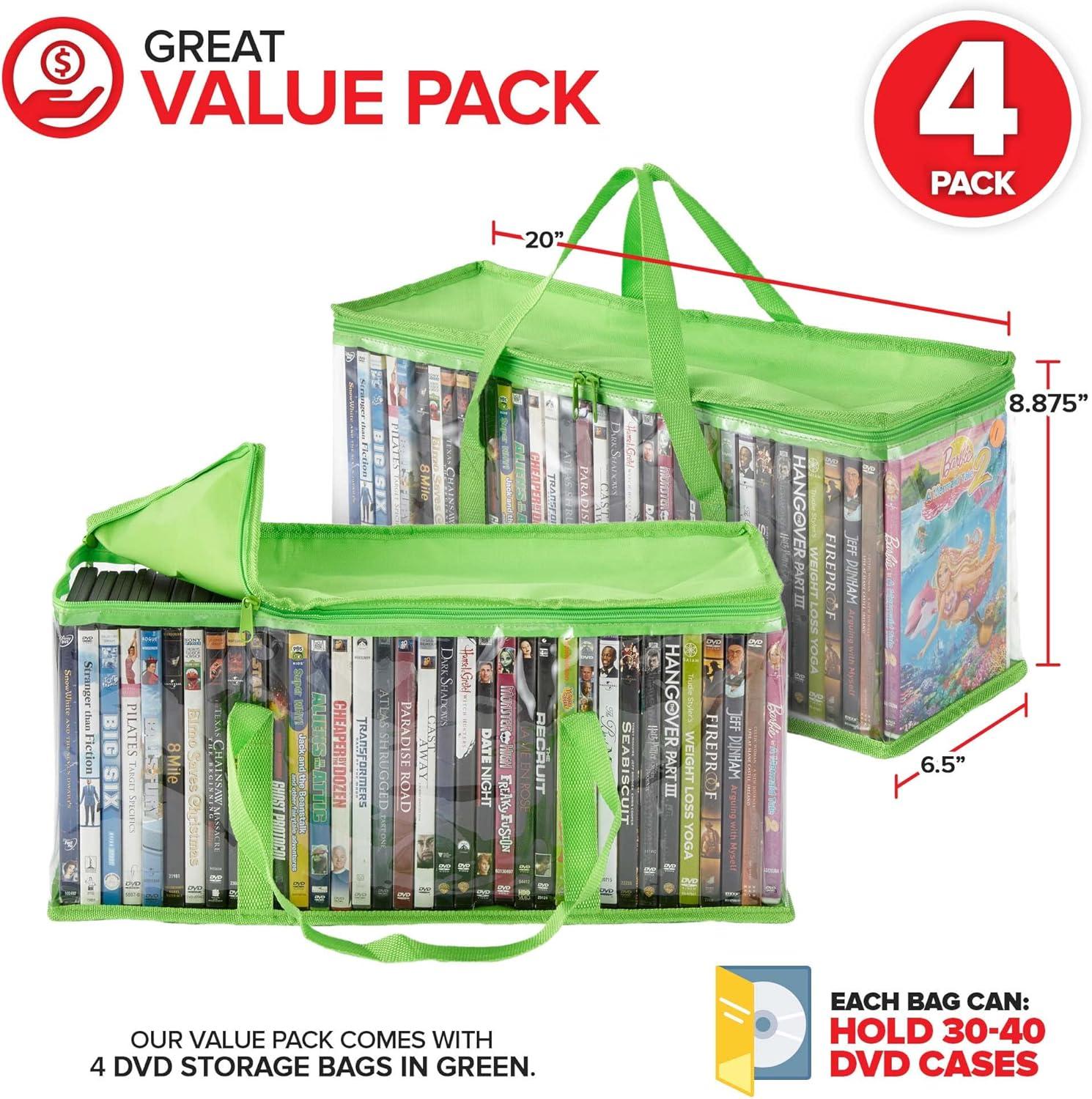 imageStock Your Home DVD Storage Bags Set of 4 Media Organizer Bag for DVDs CDs Blu Ray Disc Movie Cases VHS Box Video Game Disks Clear Plastic Holders with Carrying Handles and Zipper WhiteGreen